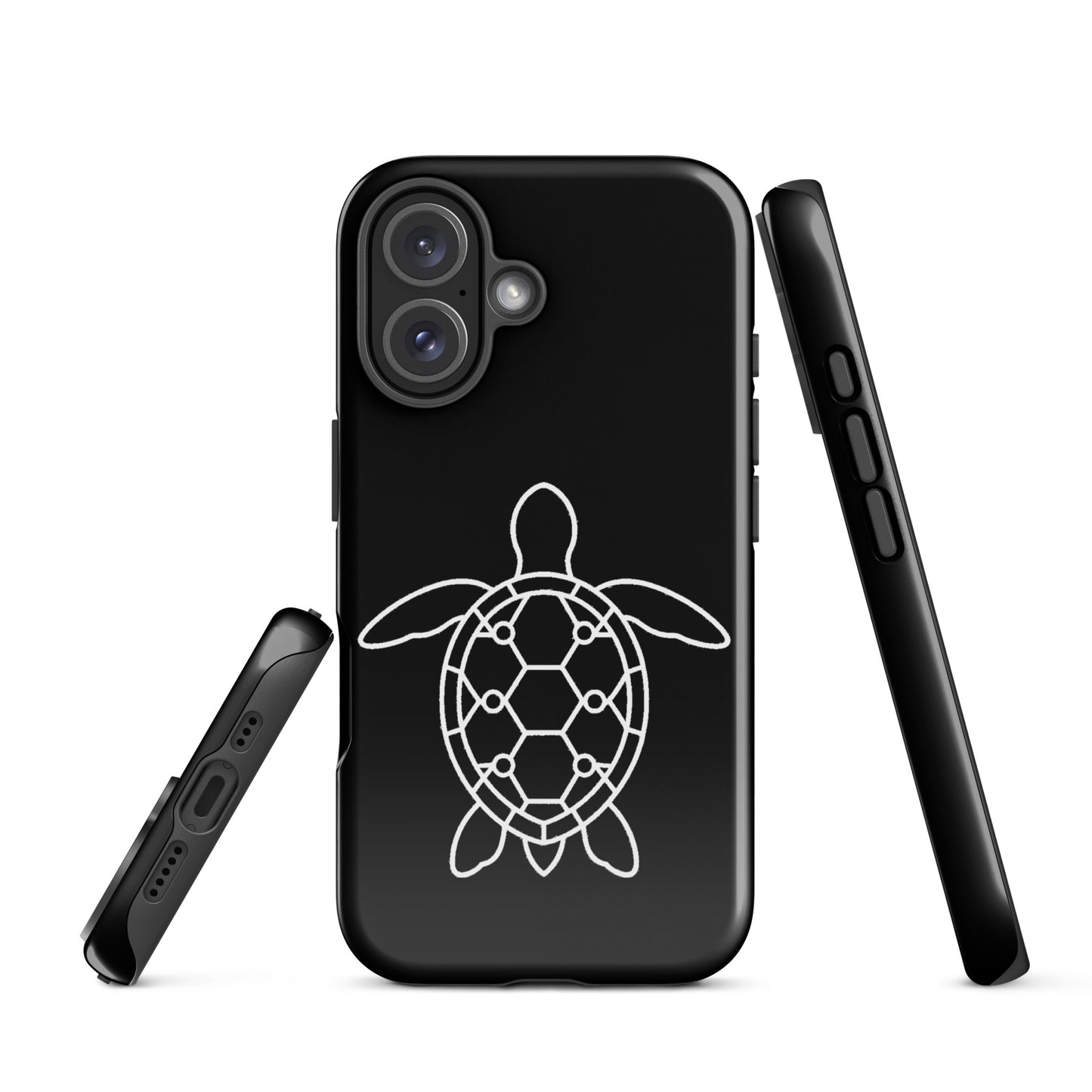 Minimalist sea turtle silhouette phone case for iPhone with geometric design, combining ocean motifs and premium style.