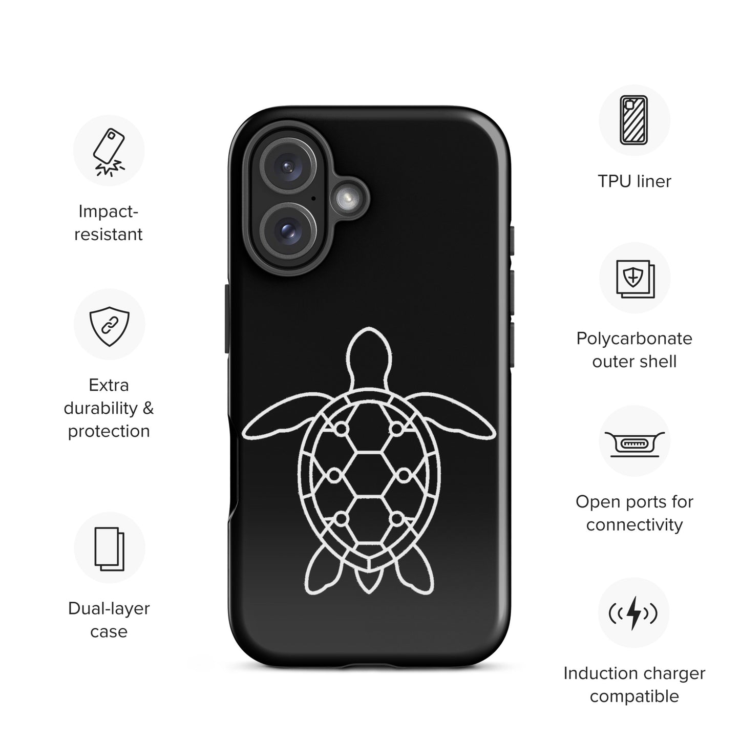phone case with minimalist sea turtle silhouette and geometric shell design, impact-resistant dual-layer for iPhone protection