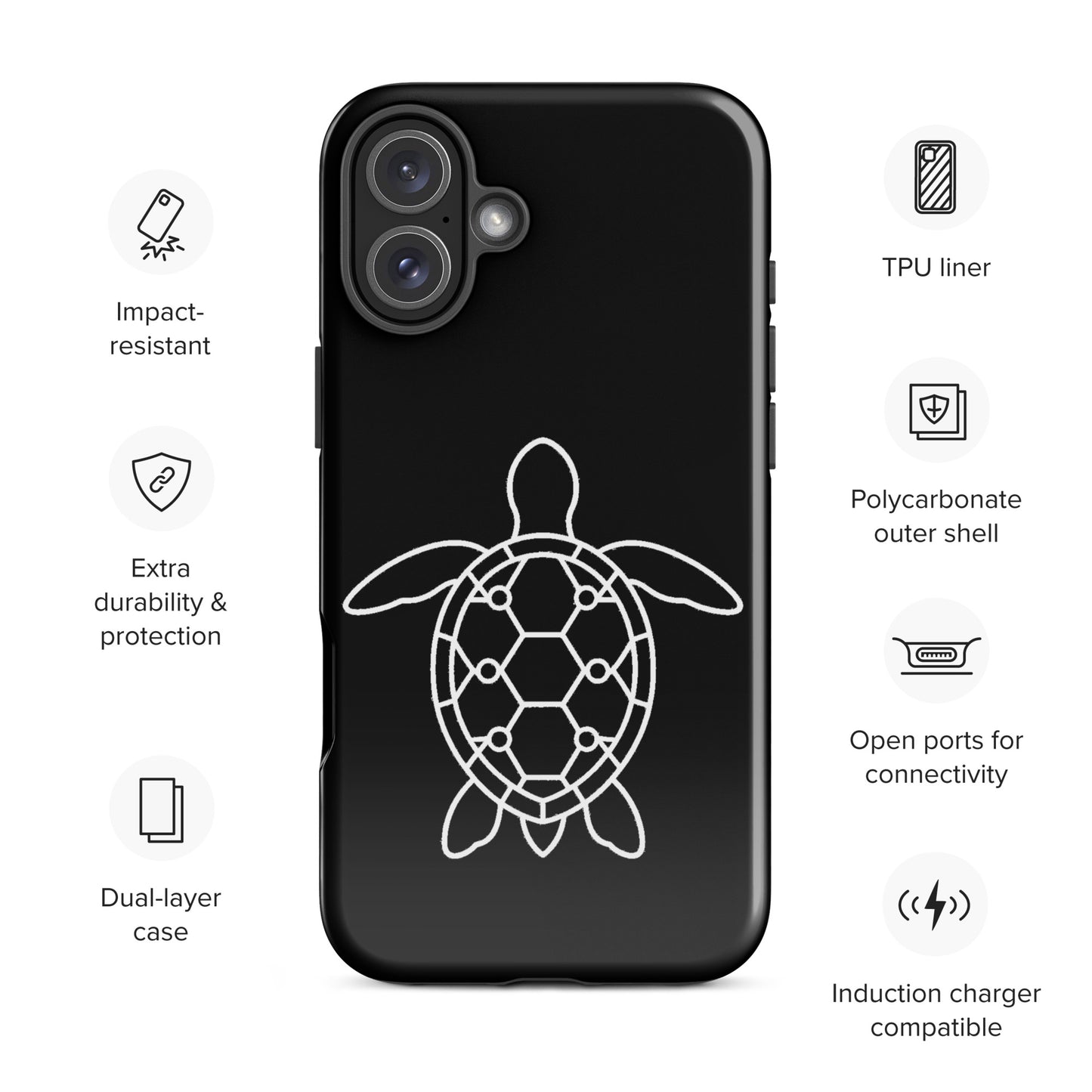 Phone case with minimalist sea turtle silhouette on black background, featuring geometric patterns and impact-resistant design.