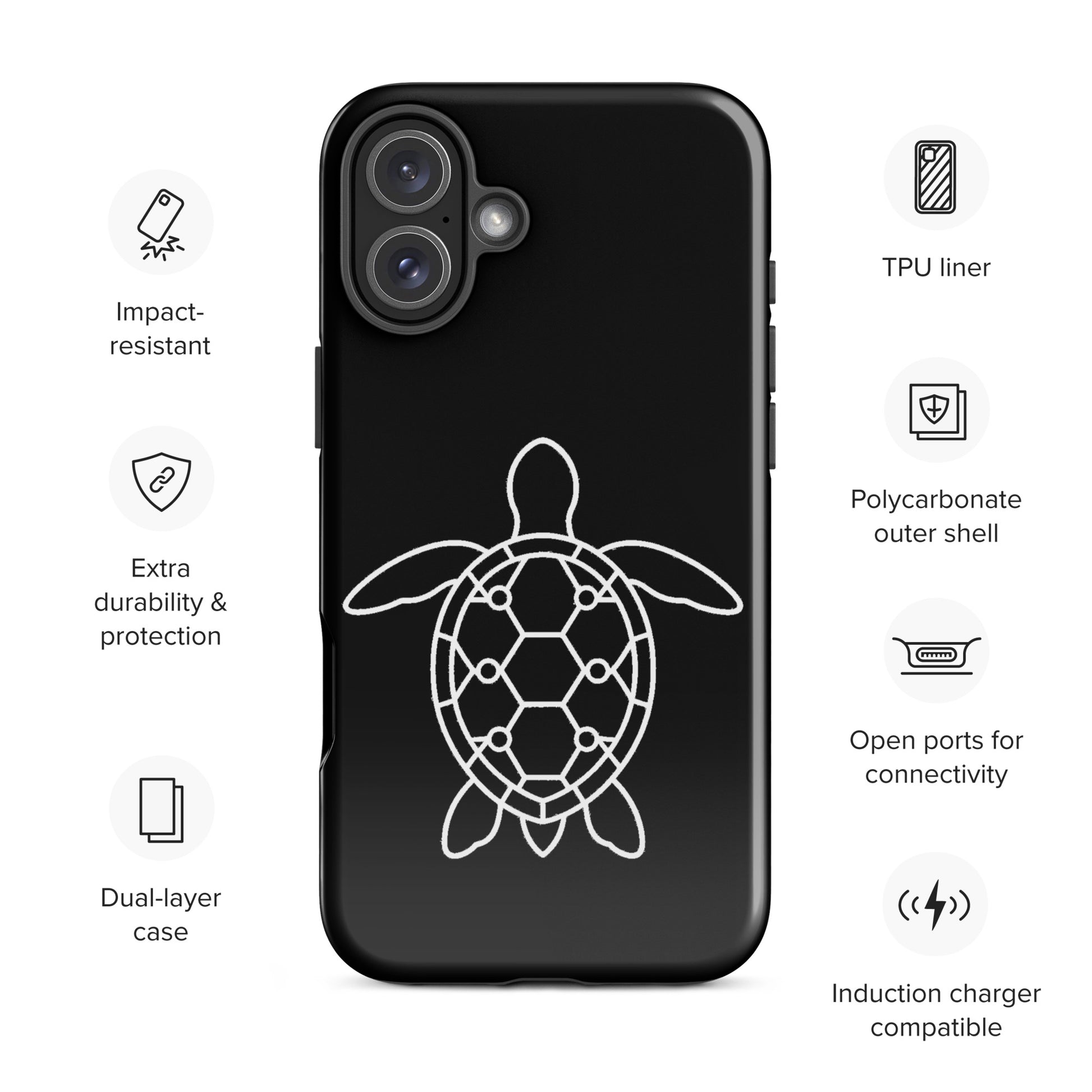 Phone case with minimalist sea turtle silhouette on black background, featuring geometric patterns and impact-resistant design.