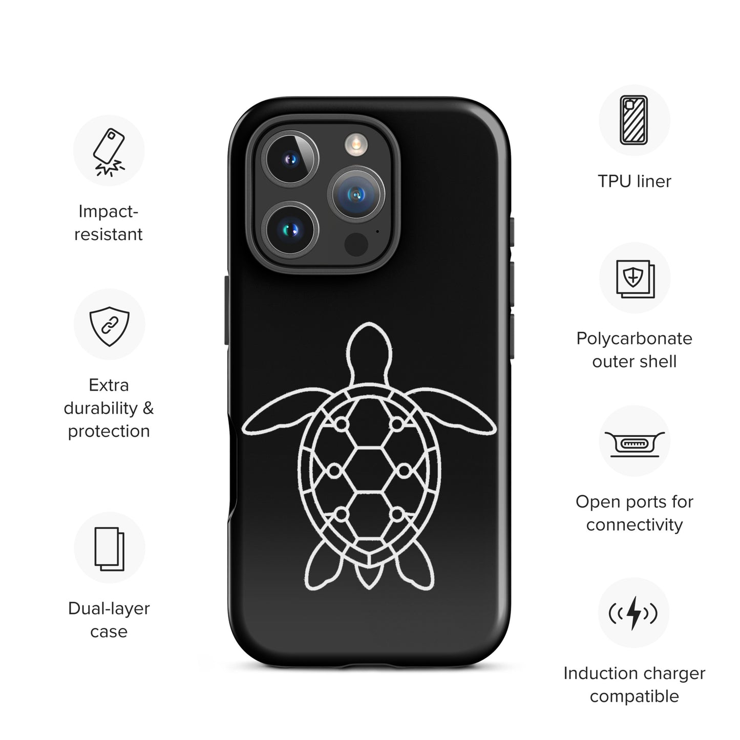 phone case with minimalist sea turtle silhouette in geometric design, impact-resistant TPU liner, and open ports on iPhone