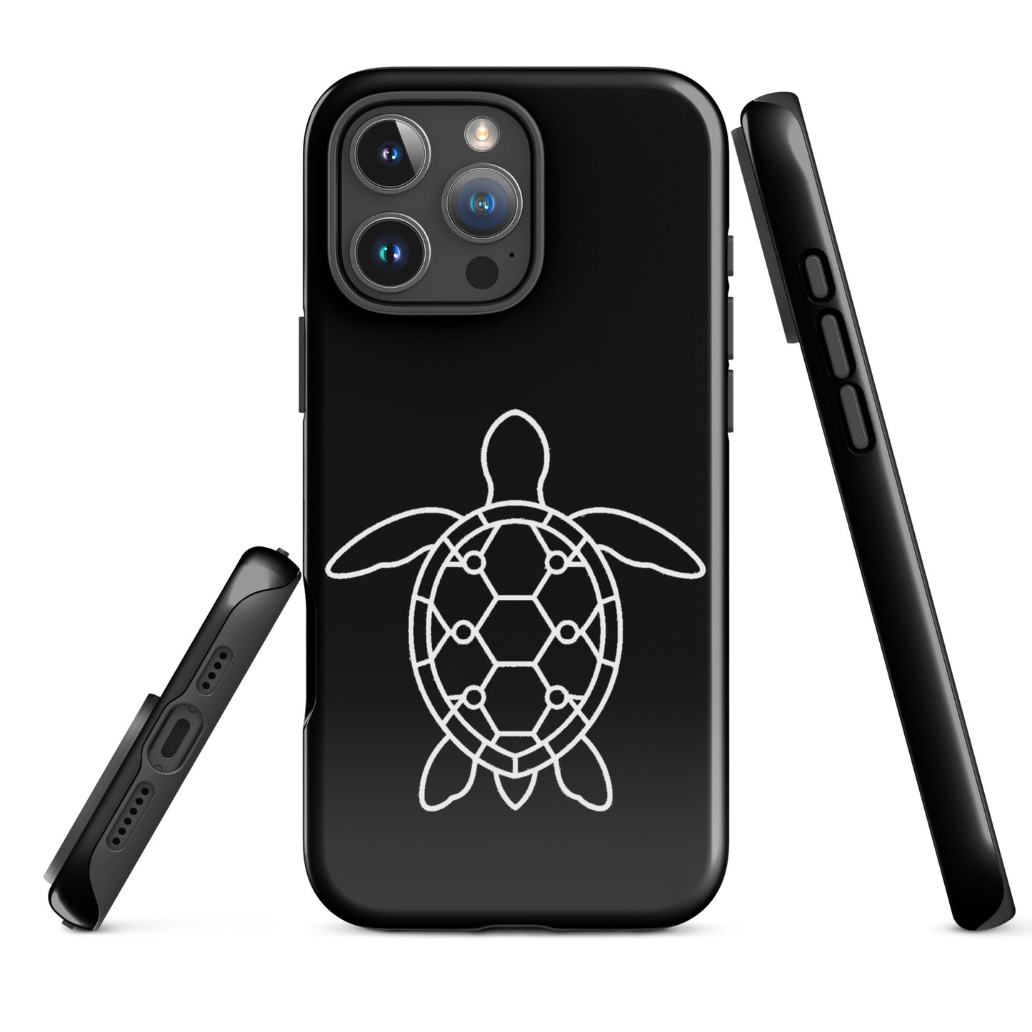 Phone case for iPhone with minimalist sea turtle silhouette and geometric shell pattern on black background, emphasizing ocean motifs.