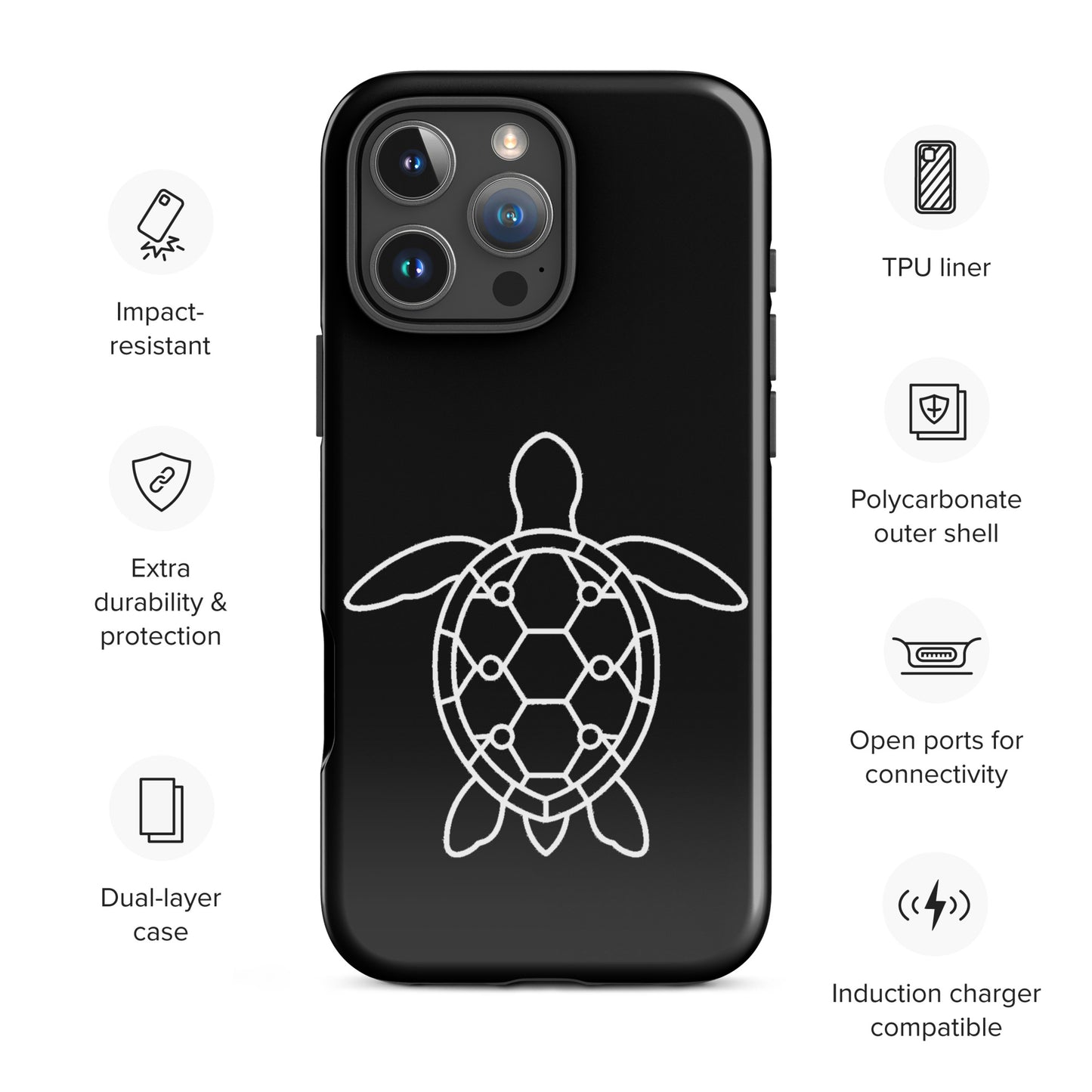 Phone case with minimalist sea turtle silhouette showcasing geometric patterns, designed for iPhone with impact-resistant and TPU liner features.