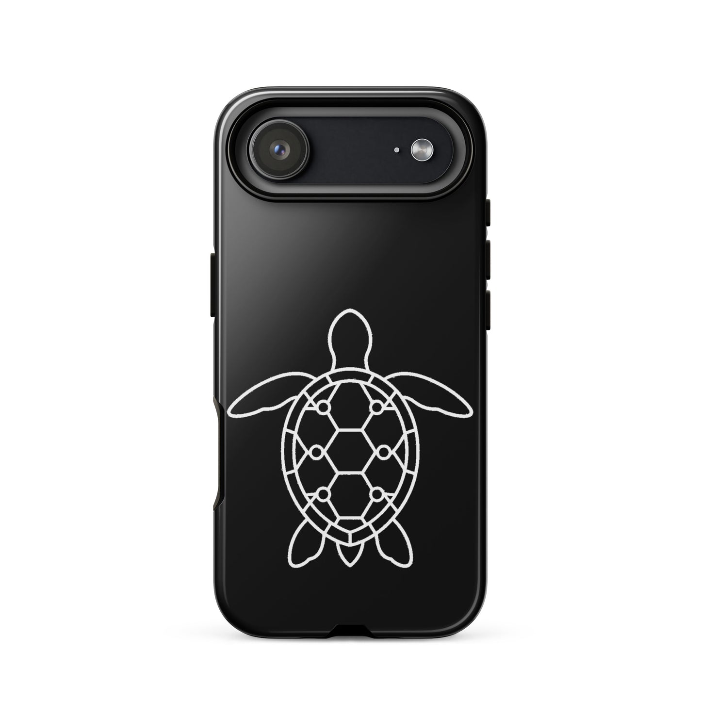 Minimalist sea turtle silhouette phone case for iPhone with geometric hexagon and circle design on black background.