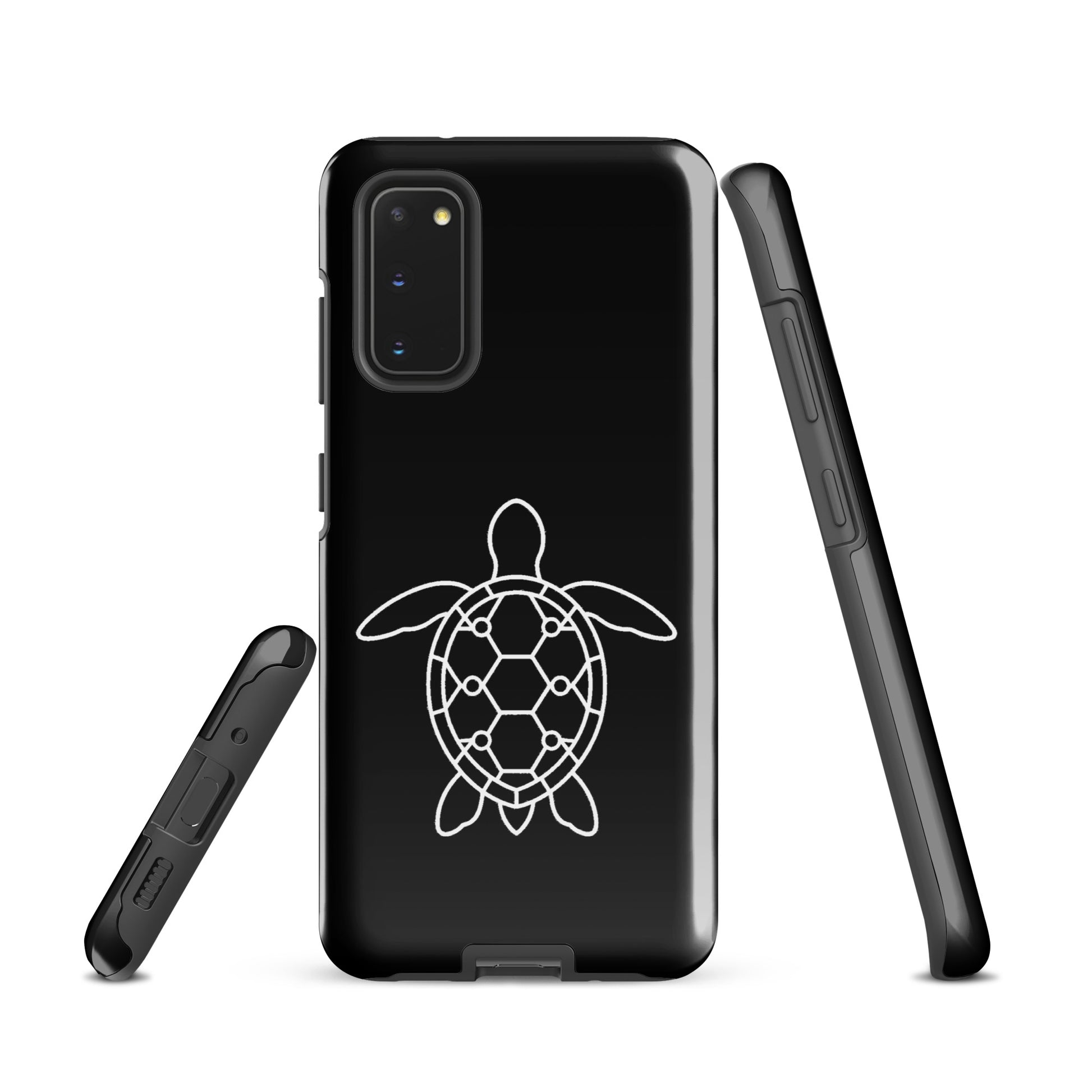 Phone case featuring a minimalist sea turtle silhouette for Samsung Galaxy with geometric shell pattern.