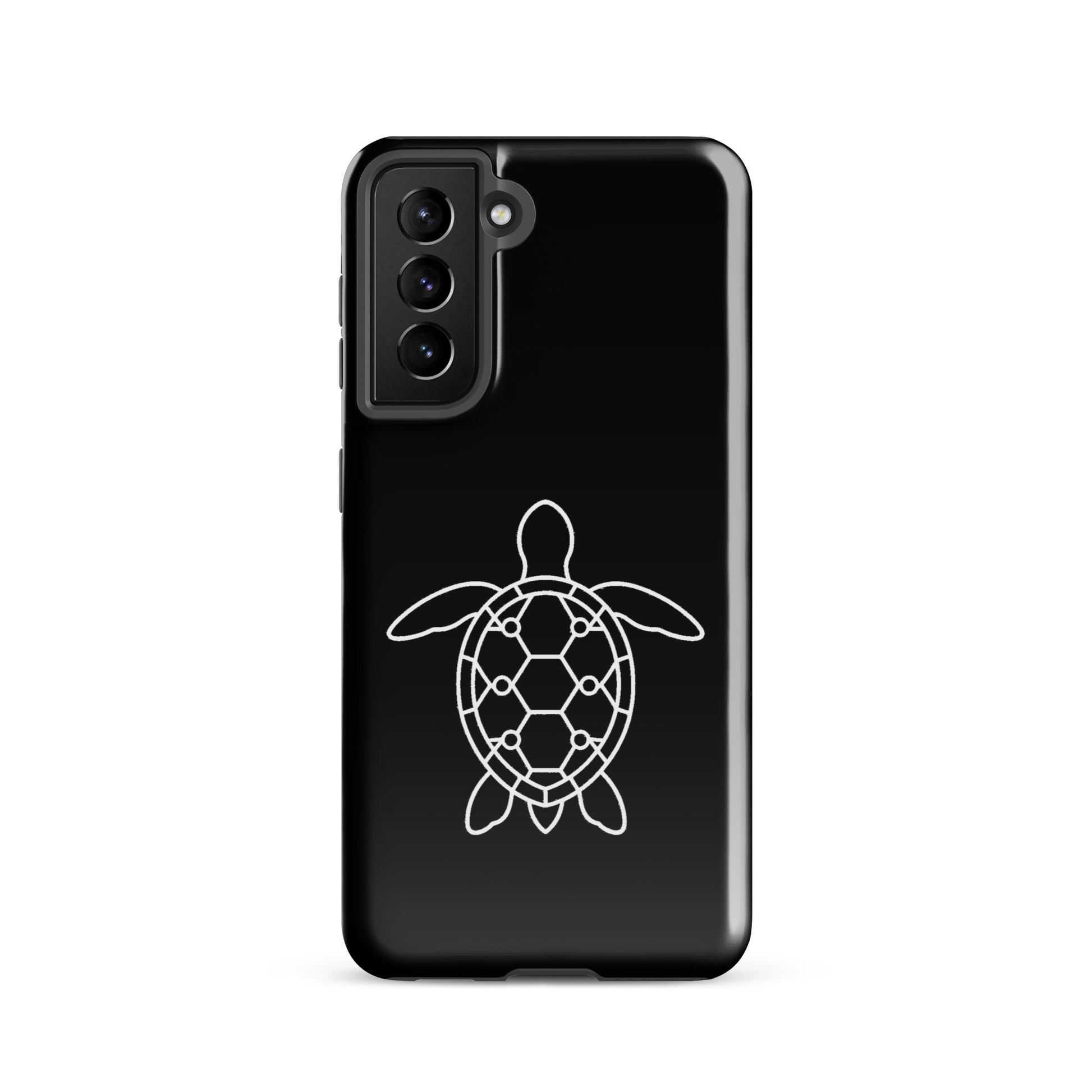 Phone case for Samsung Galaxy with minimalist sea turtle silhouette design in geometric pattern, black background.
