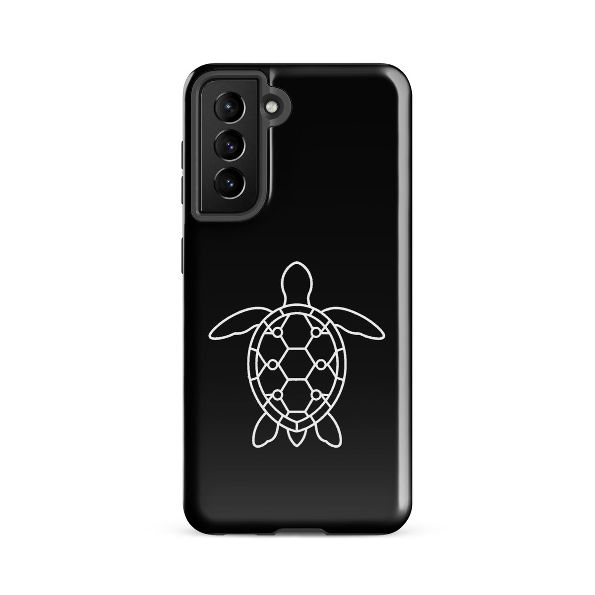 Phone case for Samsung Galaxy with minimalist sea turtle silhouette and geometric shell pattern on a black background.