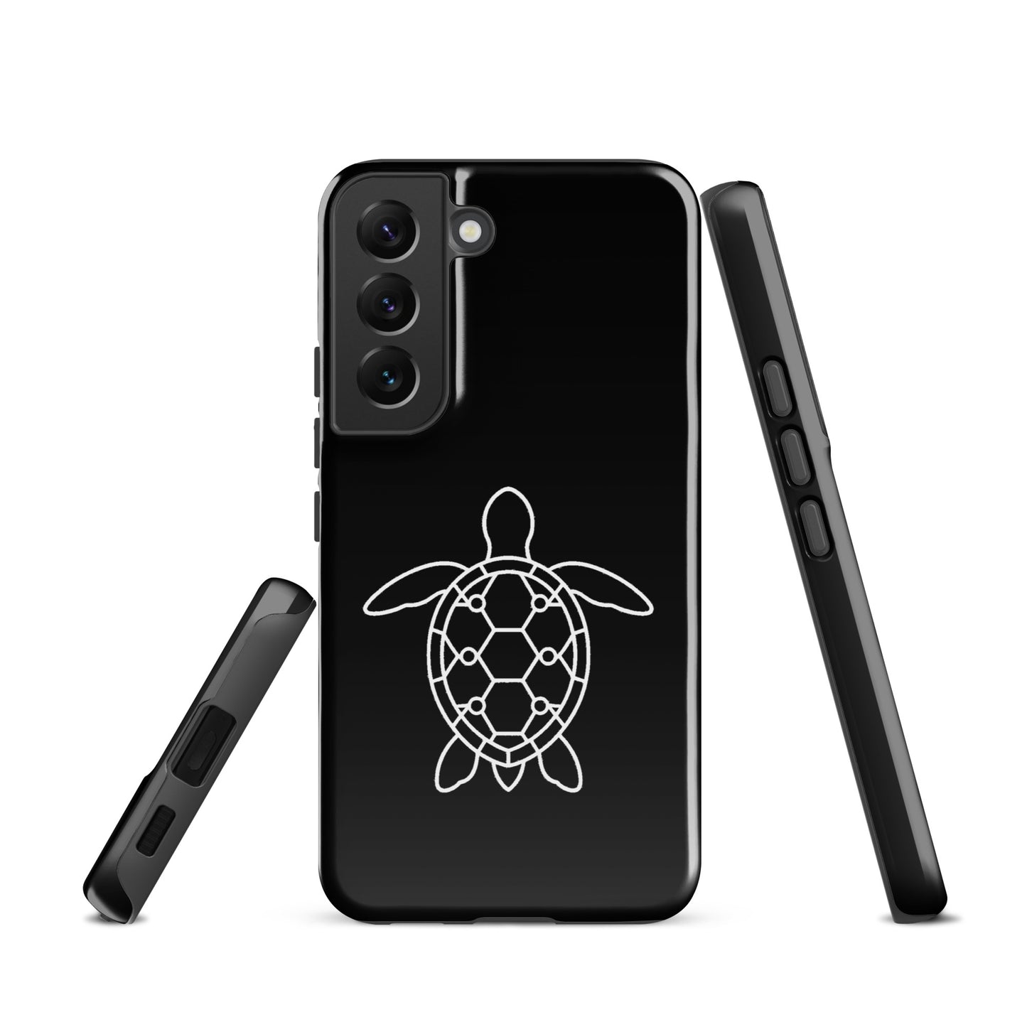 Phone case for Samsung Galaxy featuring minimalist sea turtle silhouette with geometric shell pattern for a stylish ocean-inspired look.
