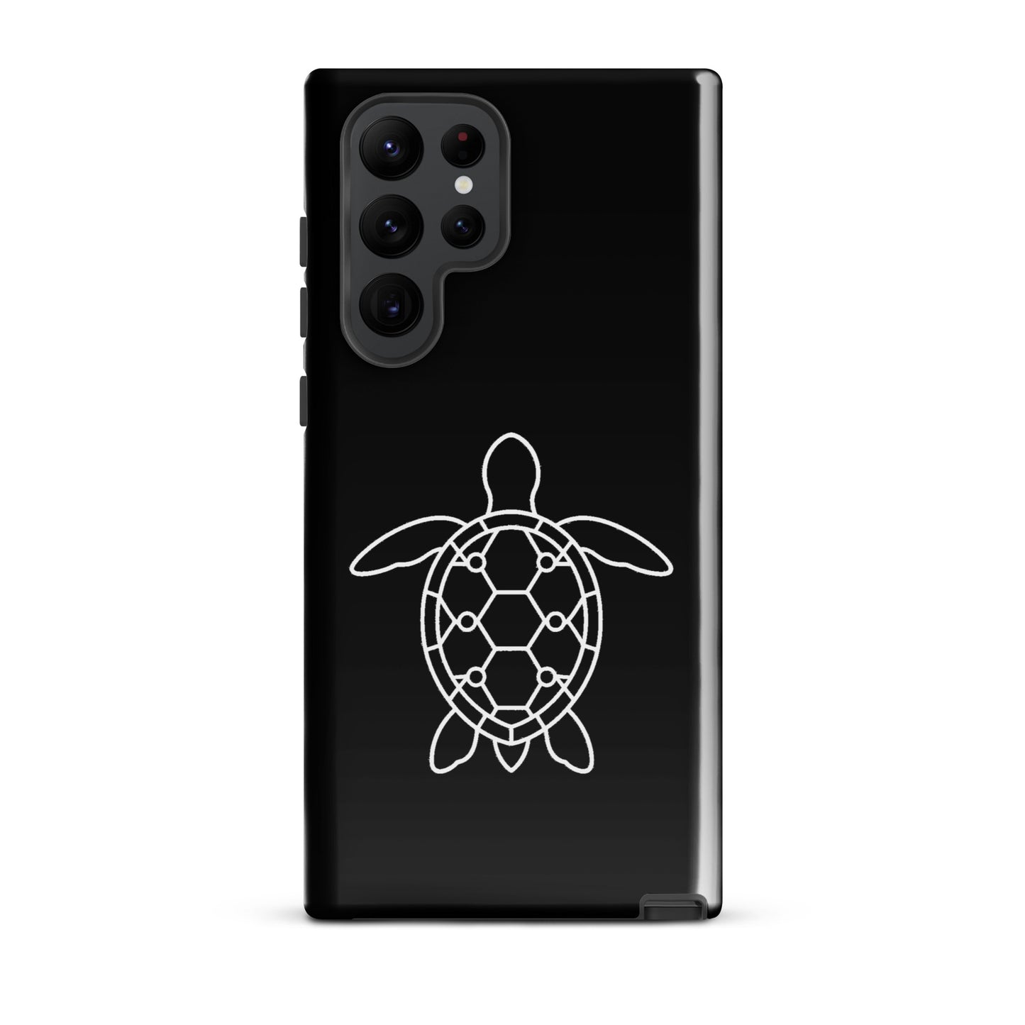 phone case for Samsung Galaxy featuring a minimalist sea turtle silhouette with geometric shell pattern on a sleek black background