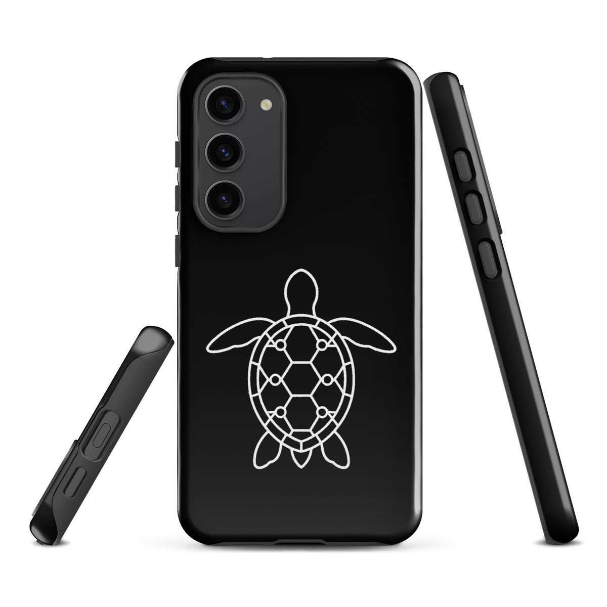 Phone case for Samsung Galaxy featuring a minimalist sea turtle silhouette with geometric shell design.