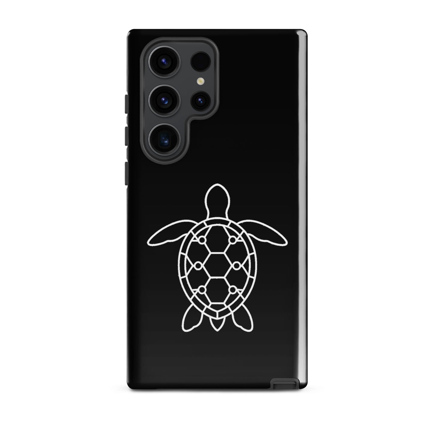 Phone case for Samsung Galaxy featuring minimalist sea turtle silhouette with geometric pattern on a black background.