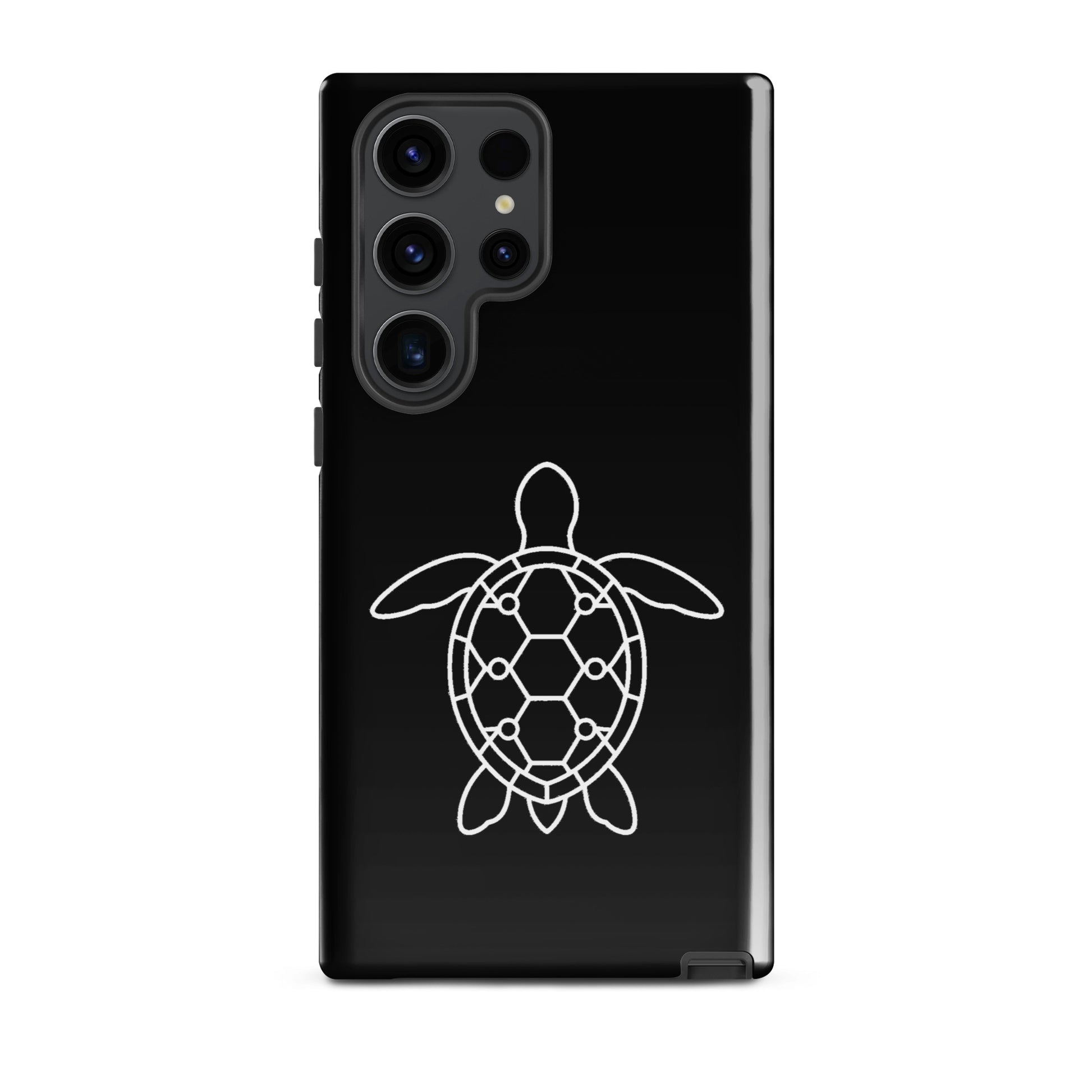 Phone case for Samsung Galaxy featuring minimalist sea turtle silhouette with geometric pattern on a black background.