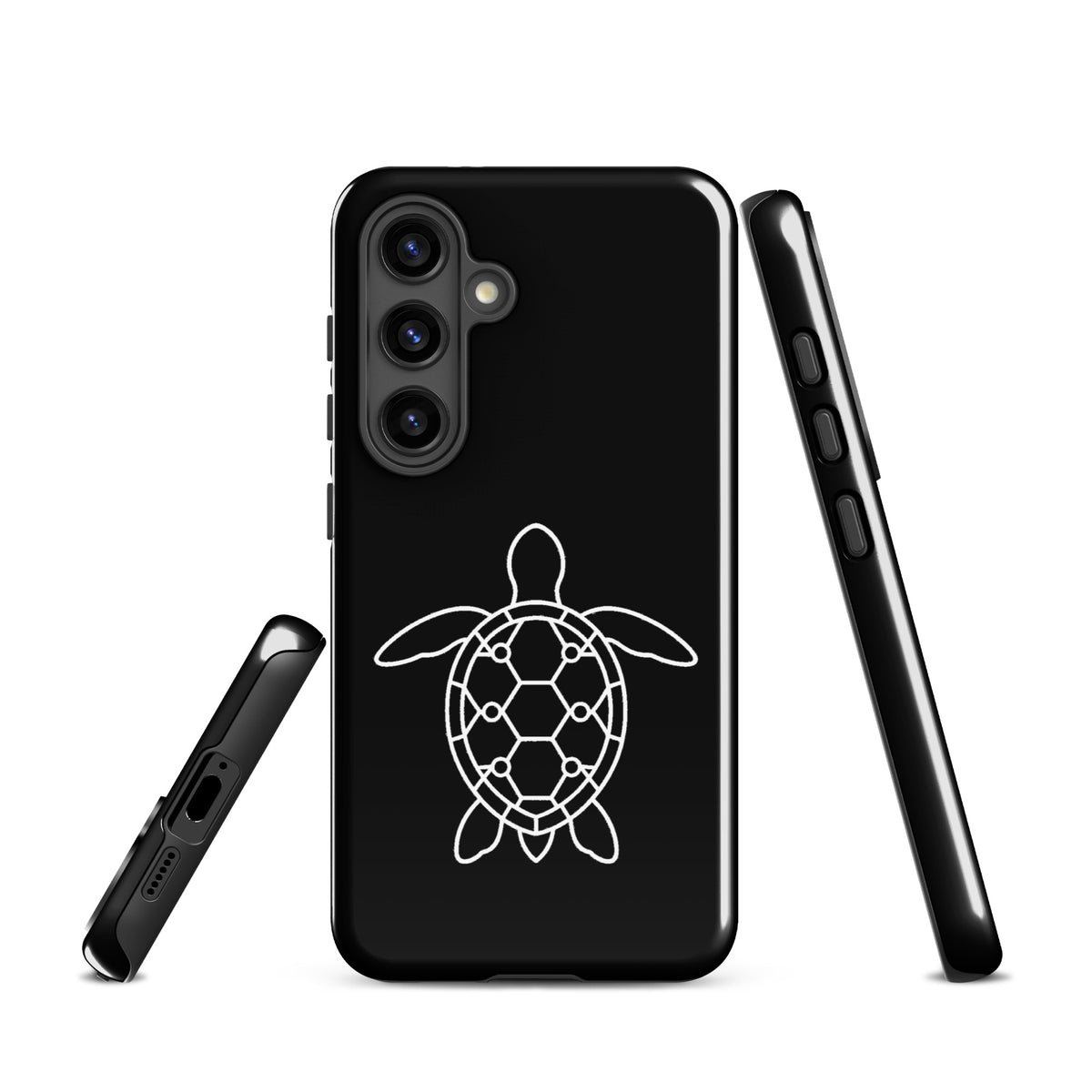 Phone case for Samsung Galaxy featuring a minimalist sea turtle silhouette with a geometric shell design.