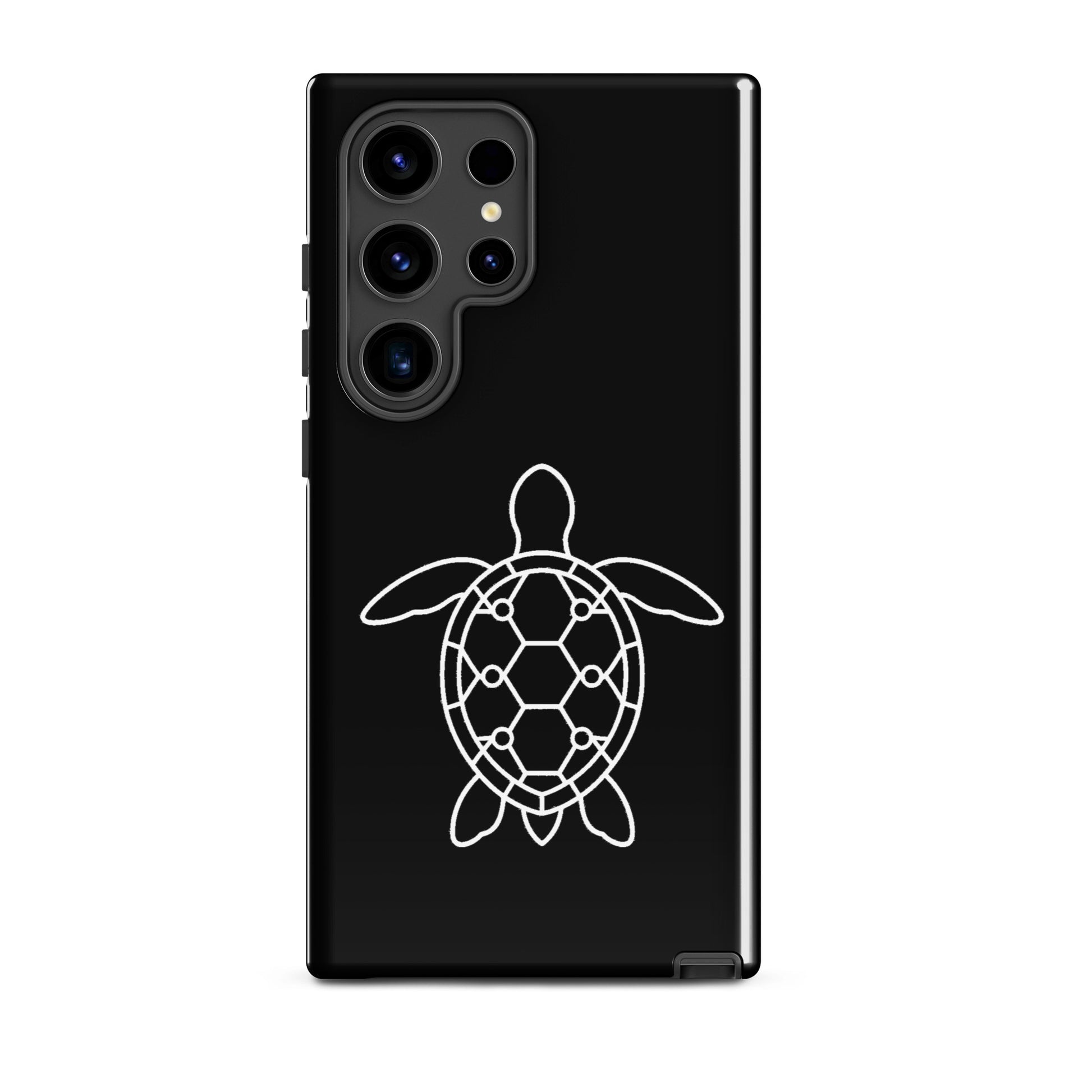 Phone case for Samsung Galaxy with minimalist sea turtle silhouette and geometric hexagon pattern.