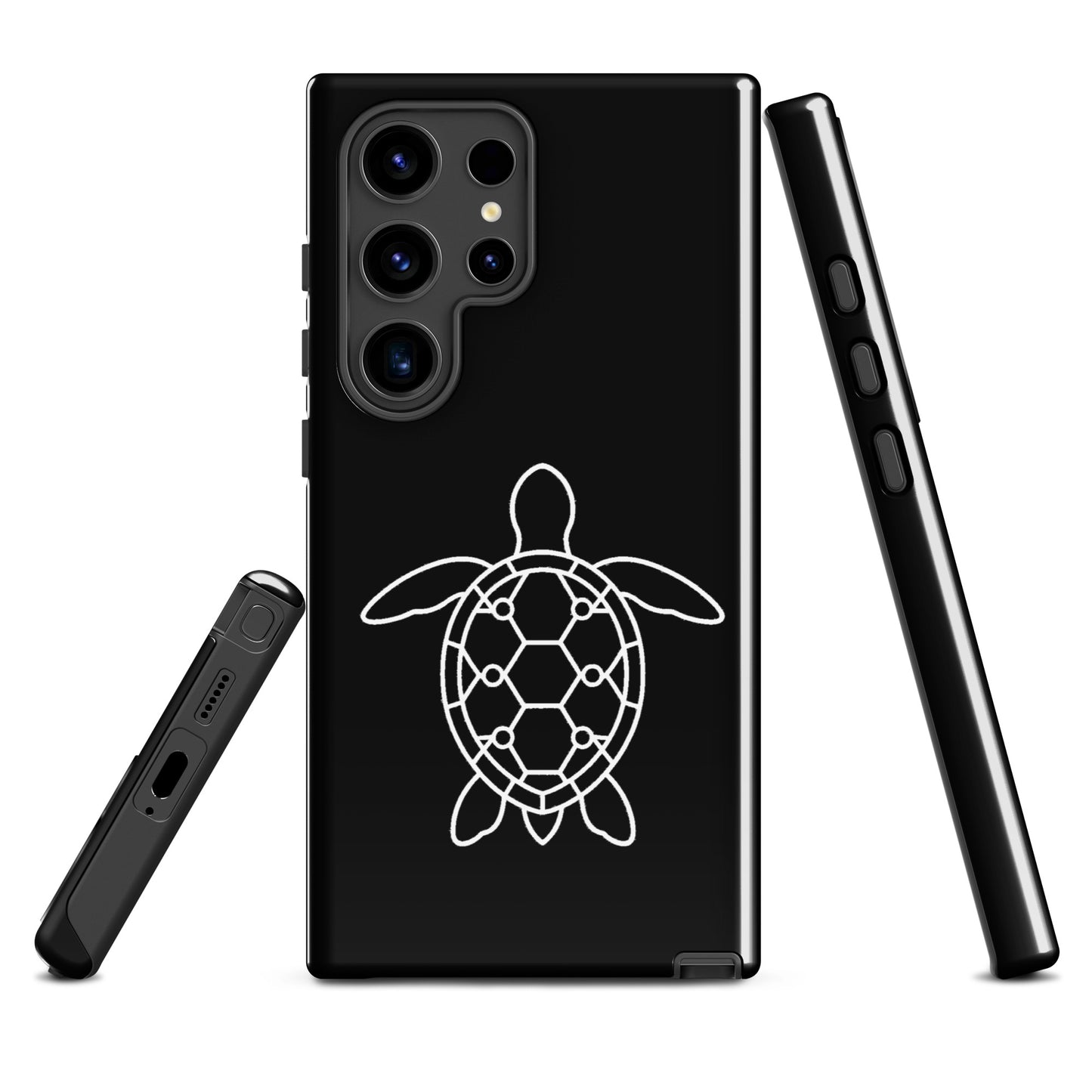 Phone case for Samsung Galaxy featuring minimalist sea turtle silhouette with geometric shell design, sleek and stylish protection.