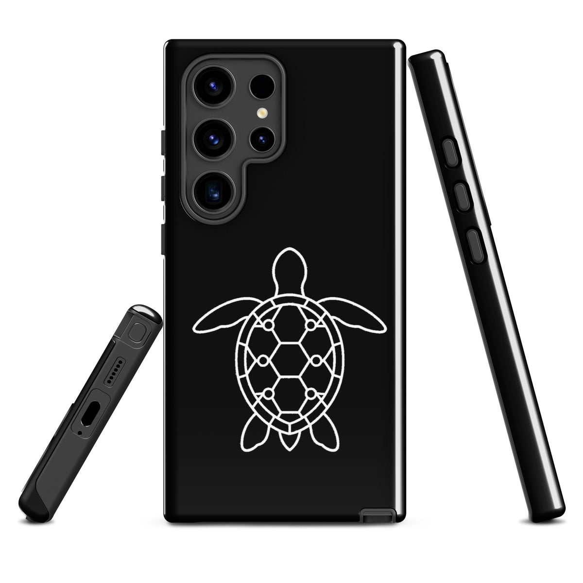 Phone case for Samsung Galaxy featuring minimalist sea turtle silhouette with geometric shell design, sleek and stylish protection.