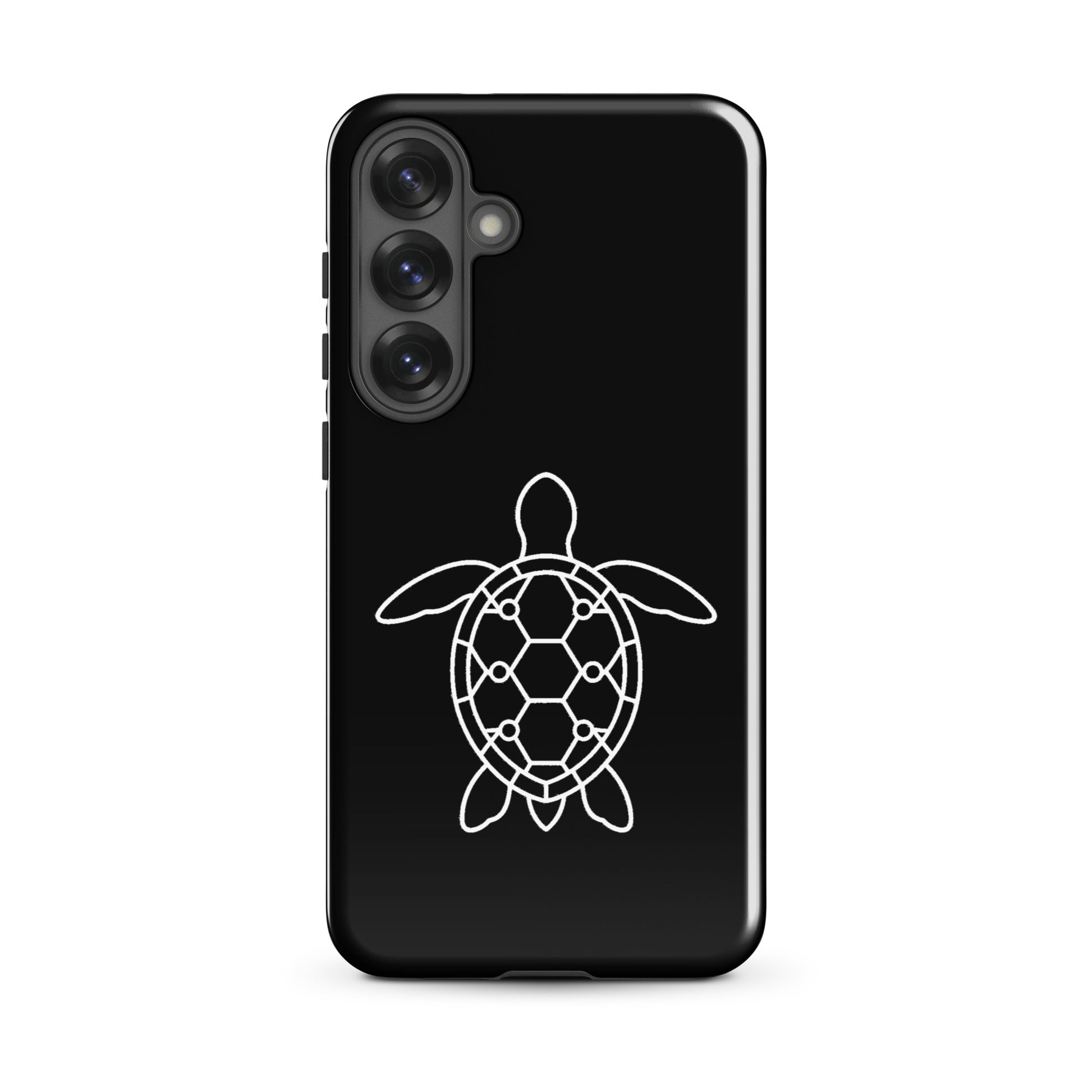 Phone case for Samsung Galaxy featuring a minimalist sea turtle silhouette with geometric shell design on a sleek black background.