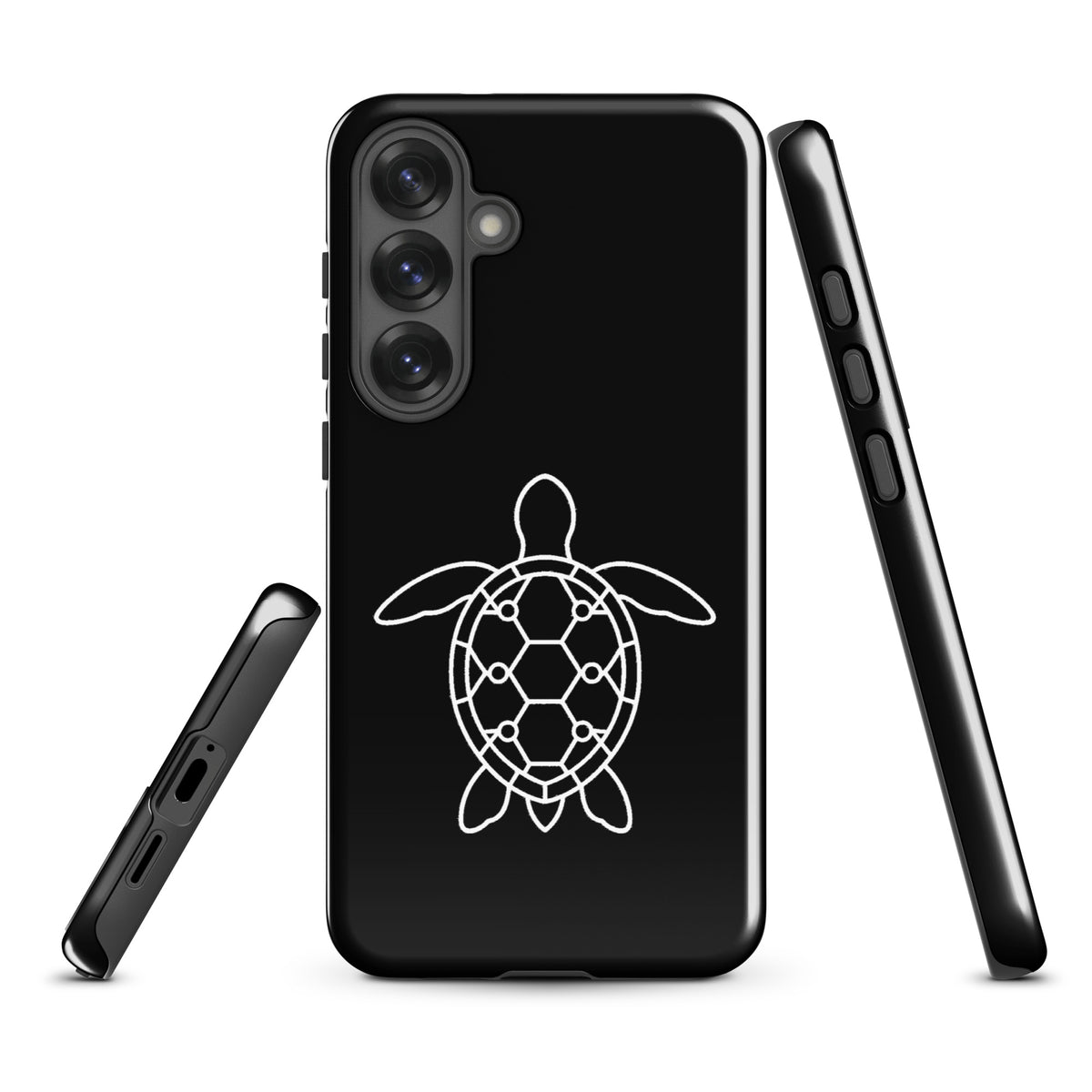 phone case with minimalist sea turtle silhouette for Samsung Galaxy, featuring geometric pattern on black background