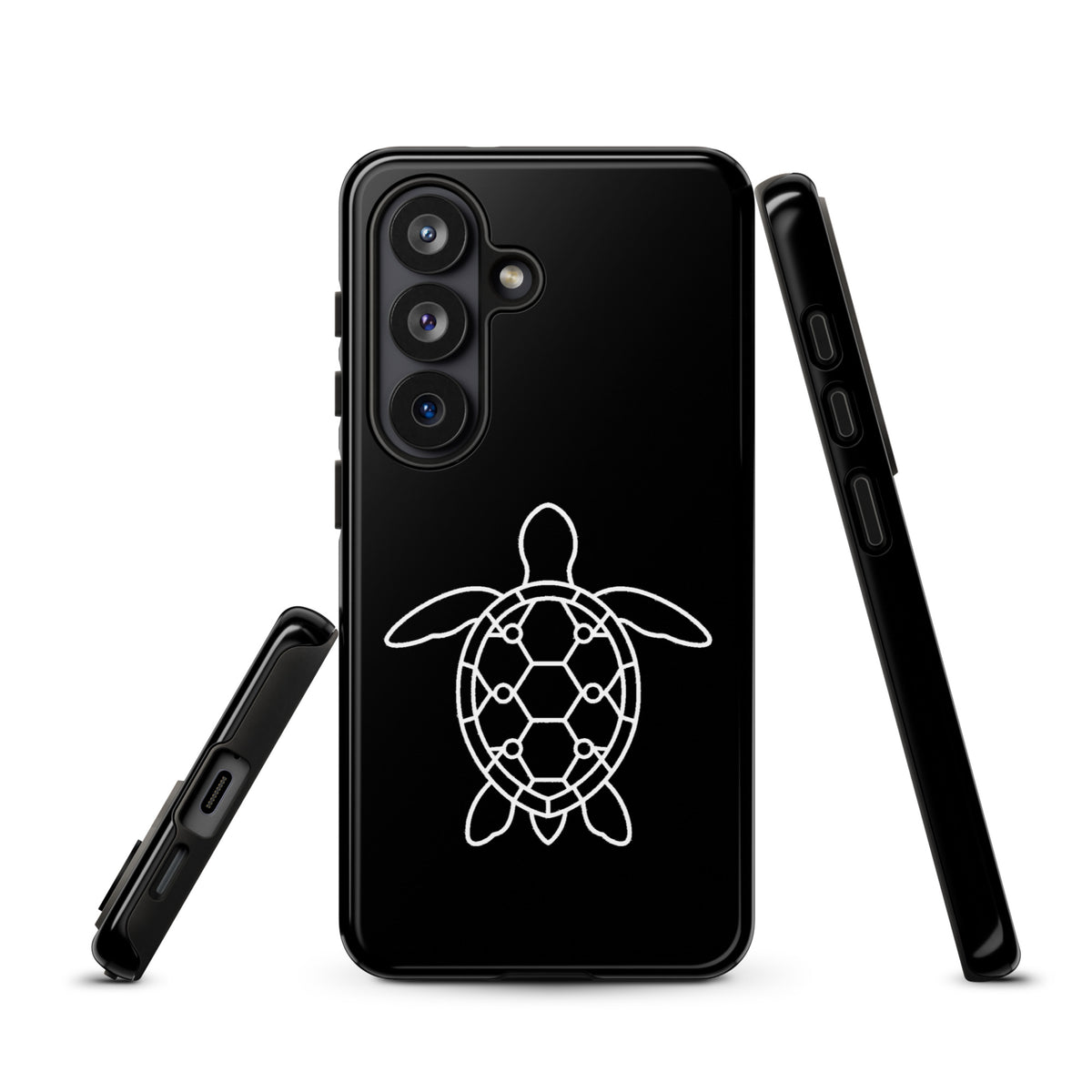 Phone case for Samsung Galaxy featuring minimalist sea turtle silhouette with geometric pattern on black background.