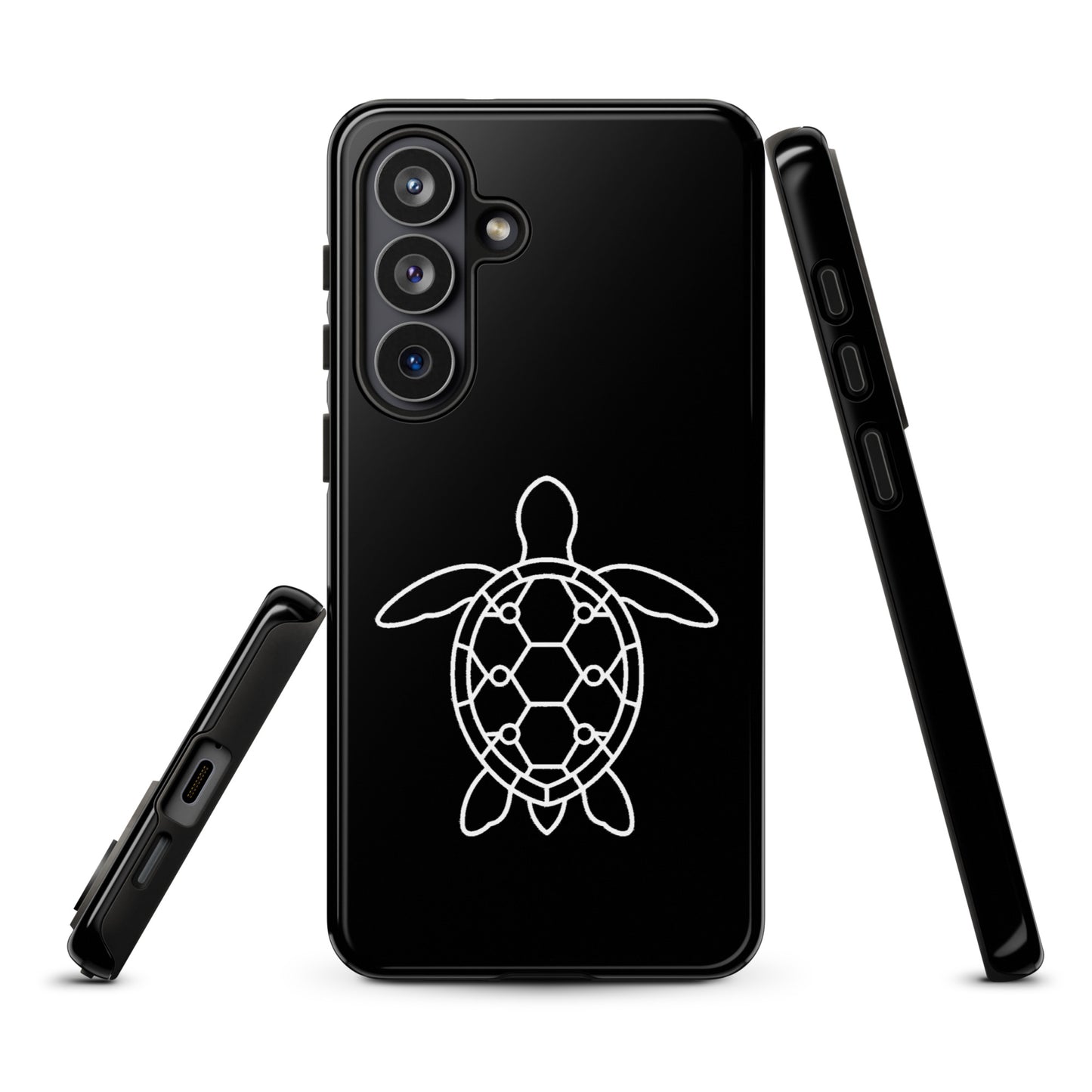 Minimalist sea turtle silhouette phone case for Samsung Galaxy with geometric shell pattern.