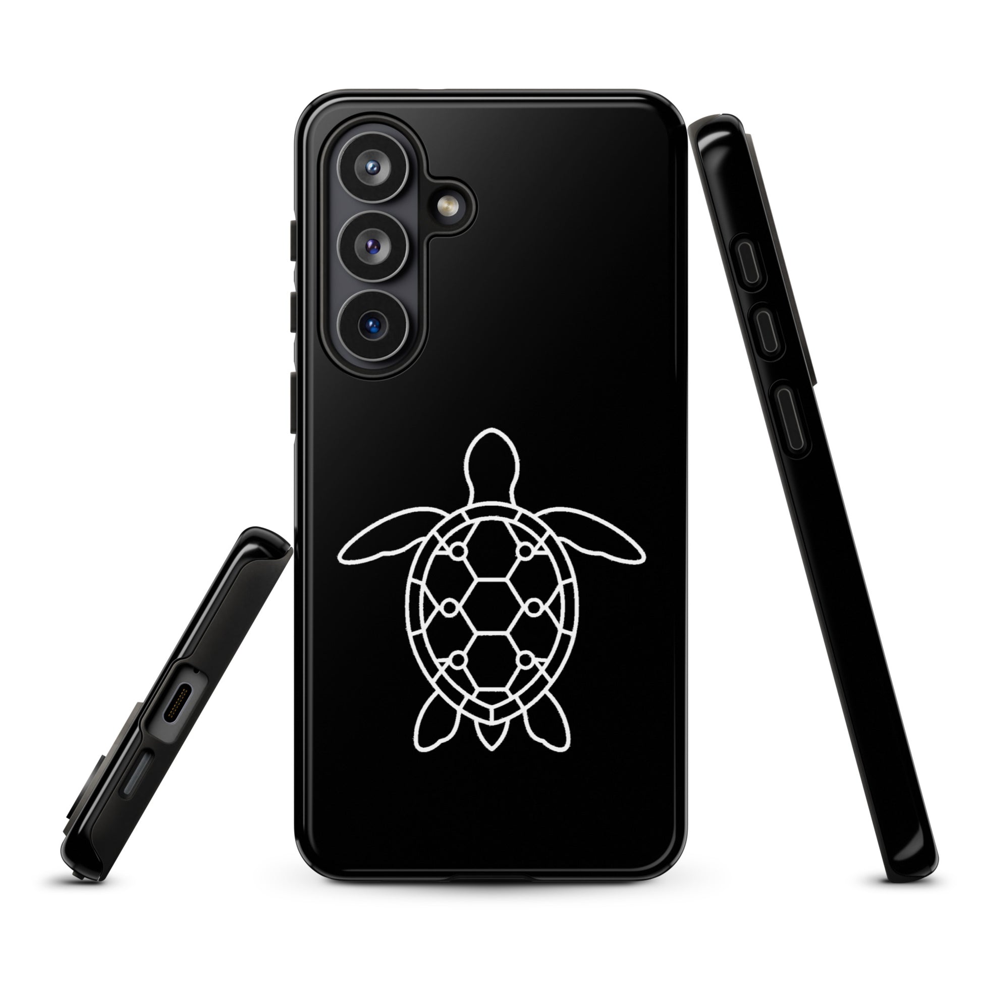 Minimalist sea turtle silhouette phone case for Samsung Galaxy with geometric shell pattern.
