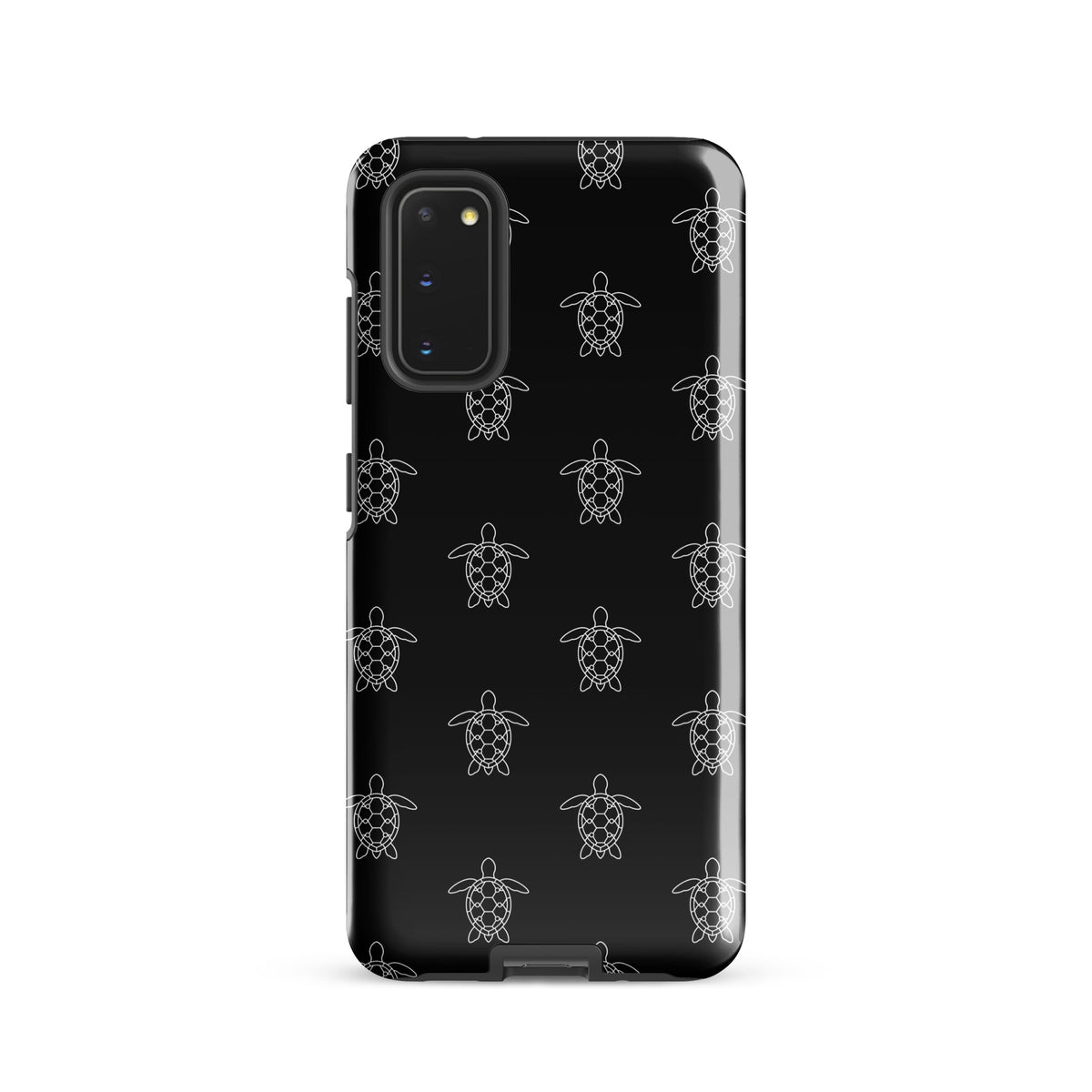 Phone Case for Samsung Galaxy featuring minimalist sea turtle pattern with geometric shells on a sleek black background.