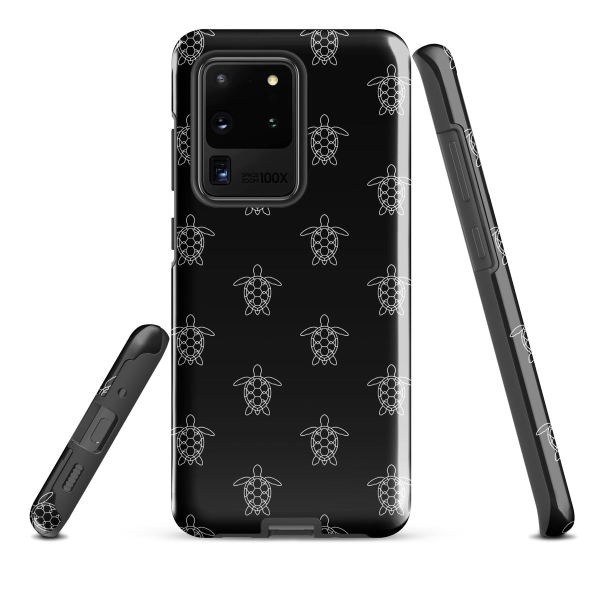 Phone Case for Samsung Galaxy with minimalist sea turtle pattern and modern geometric design on black background.