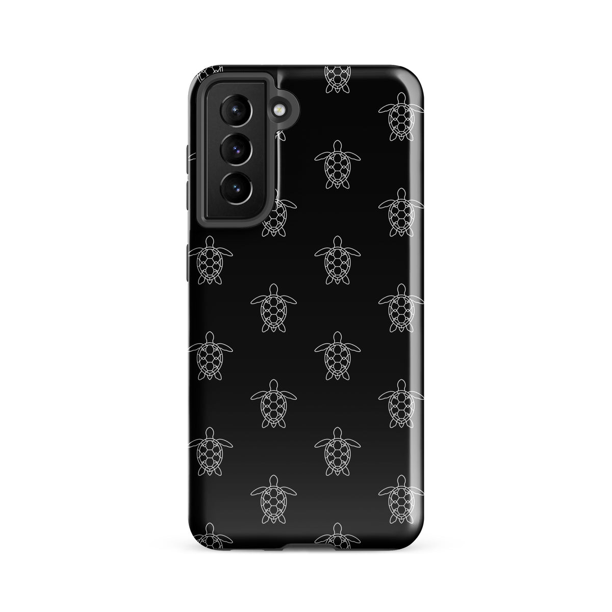 Phone Case for Samsung Galaxy with minimalist sea turtle pattern and geometric shell on black background, ocean-inspired design