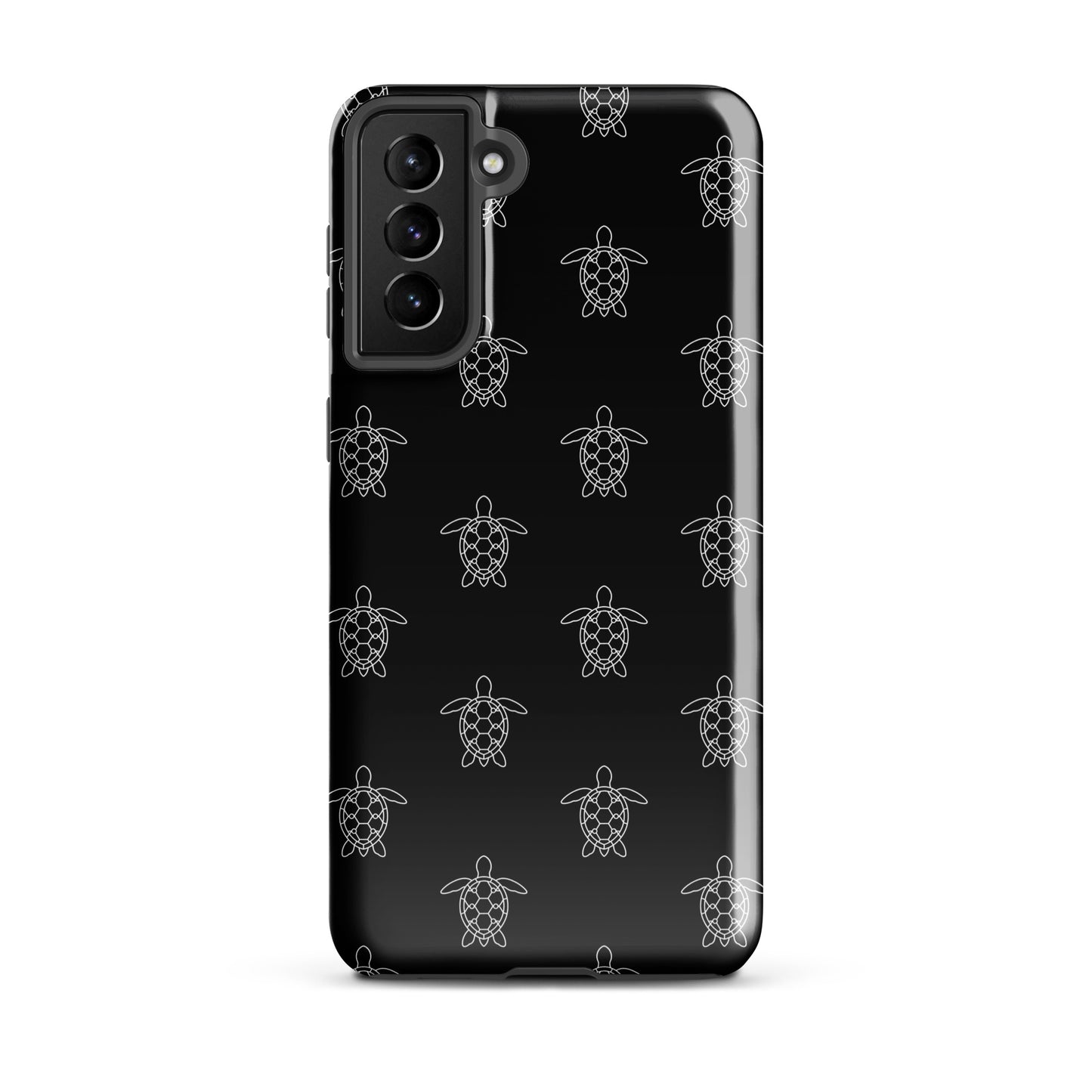 Phone Case for Samsung Galaxy featuring minimalist sea turtle pattern with geometric shells on a black background.
