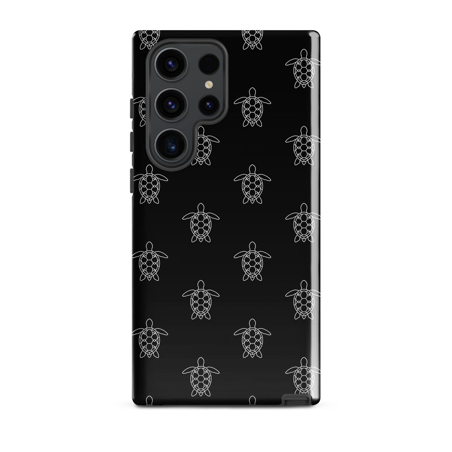 Phone Case for Samsung Galaxy with minimalist sea turtle pattern, featuring geometric shell designs on a sleek black background.
