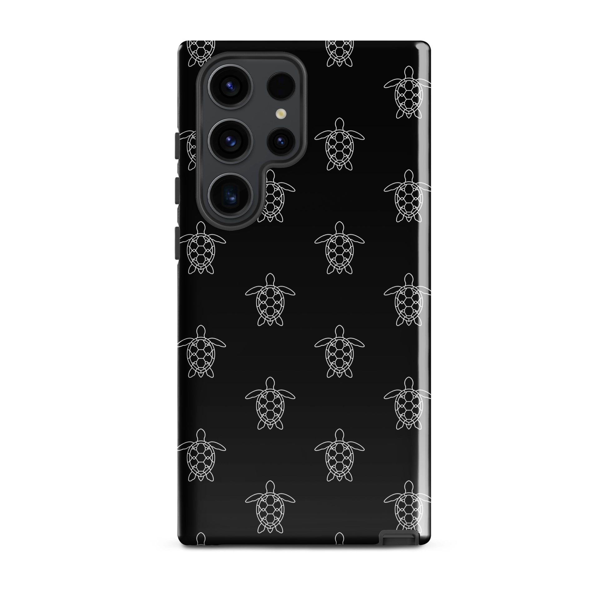 Phone Case for Samsung Galaxy with minimalist sea turtle pattern, featuring geometric shell designs on a sleek black background.