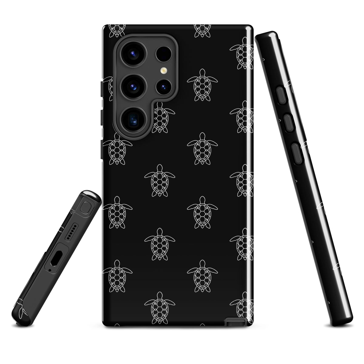 Phone Case for Samsung Galaxy featuring minimalist sea turtle pattern with geometric shell on a sleek black background.
