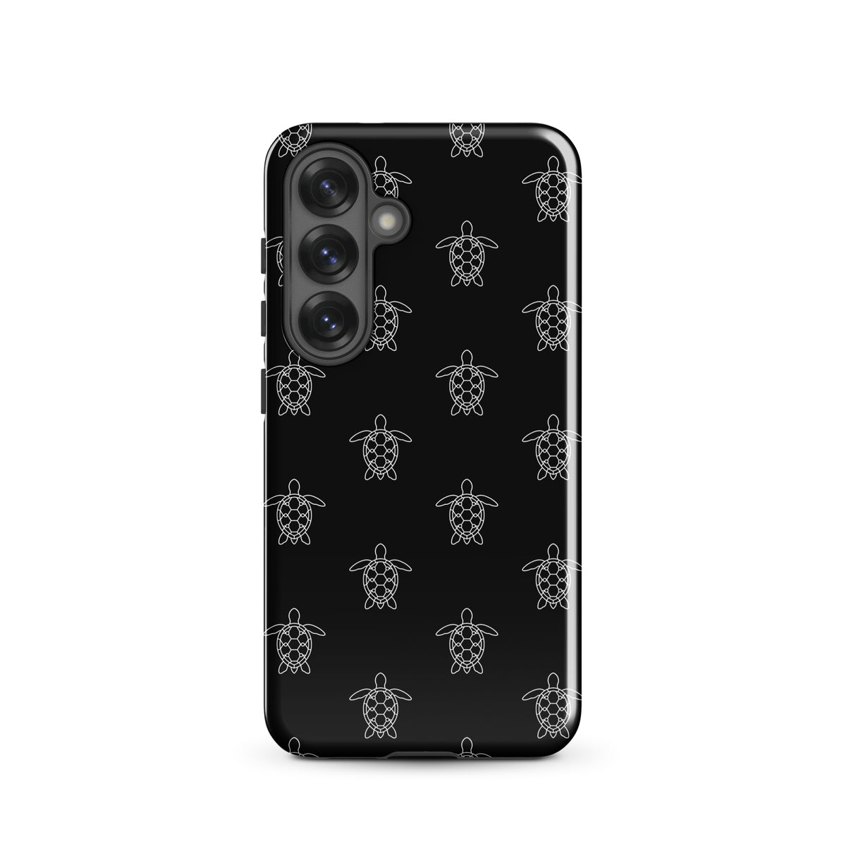 Phone Case for Samsung Galaxy with minimalist sea turtle pattern featuring geometric shell design on a black background.