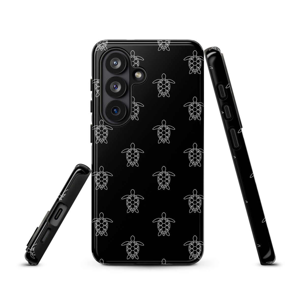 Phone Case for Samsung Galaxy with minimalist sea turtle pattern, featuring clean vector lines and geometric style on black background.