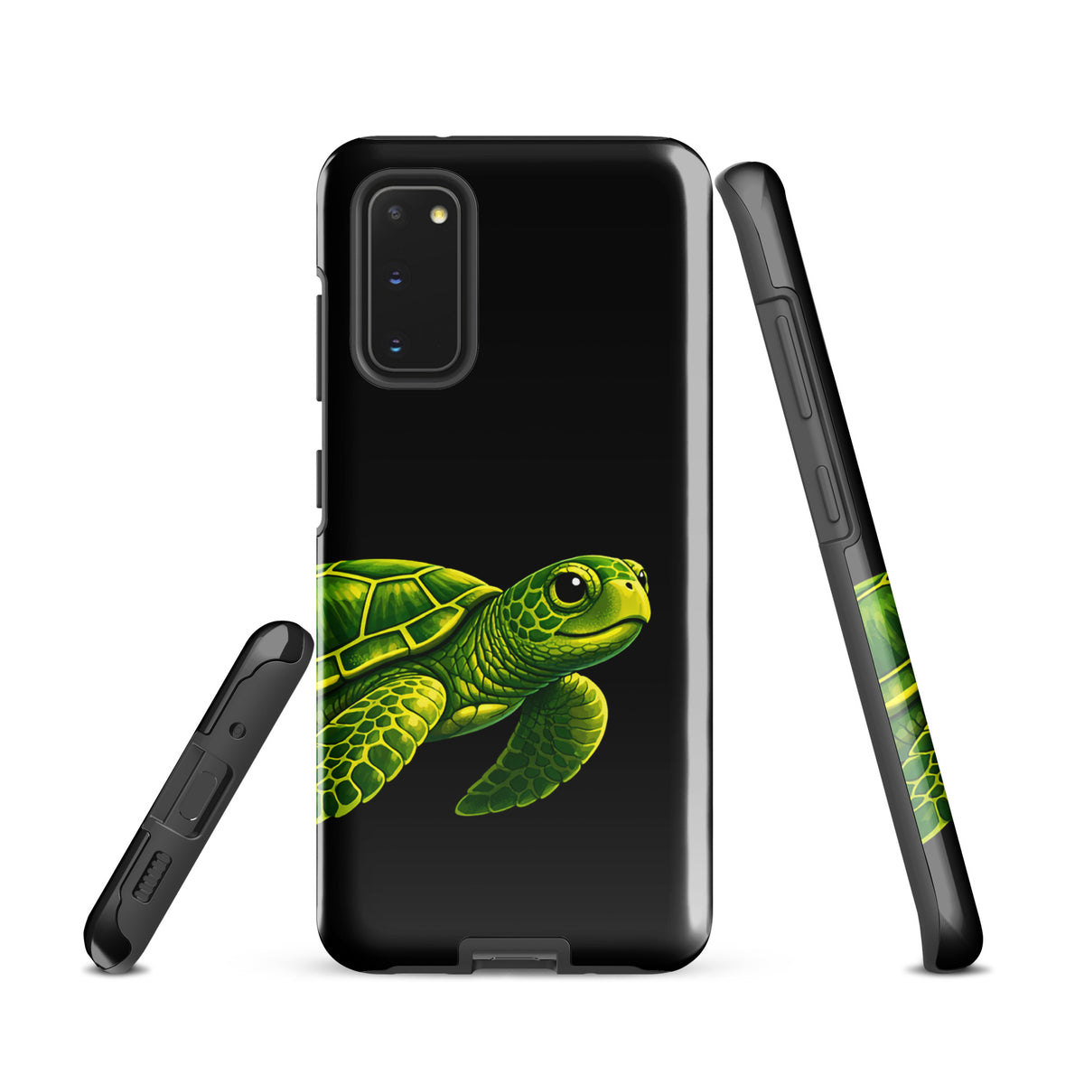 Phone case for Samsung Galaxy with sea turtle design, showcasing vibrant artistry and protection against a sleek black background.