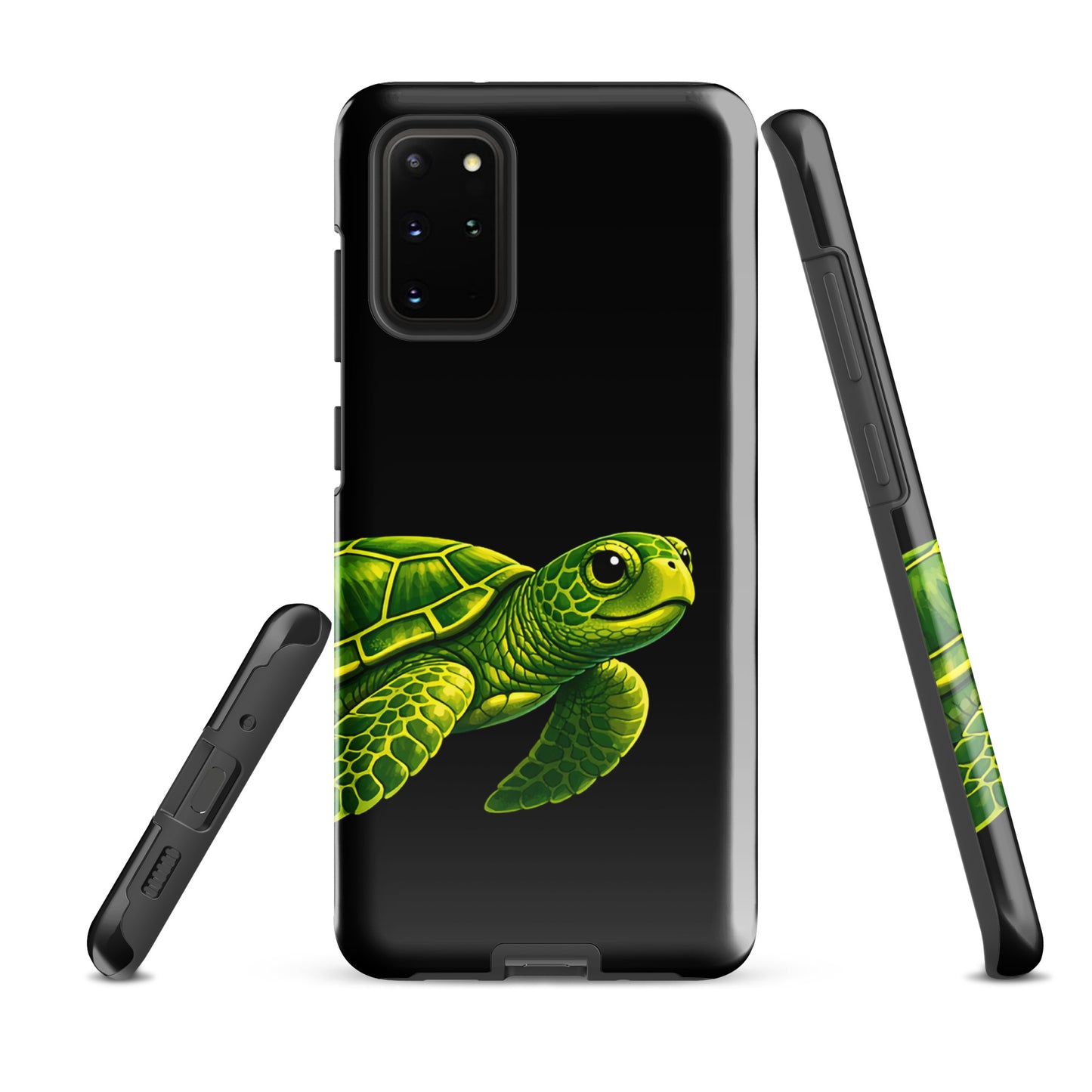 phone case for Samsung Galaxy with sea turtle design, vibrant illustration and black background for style and protection