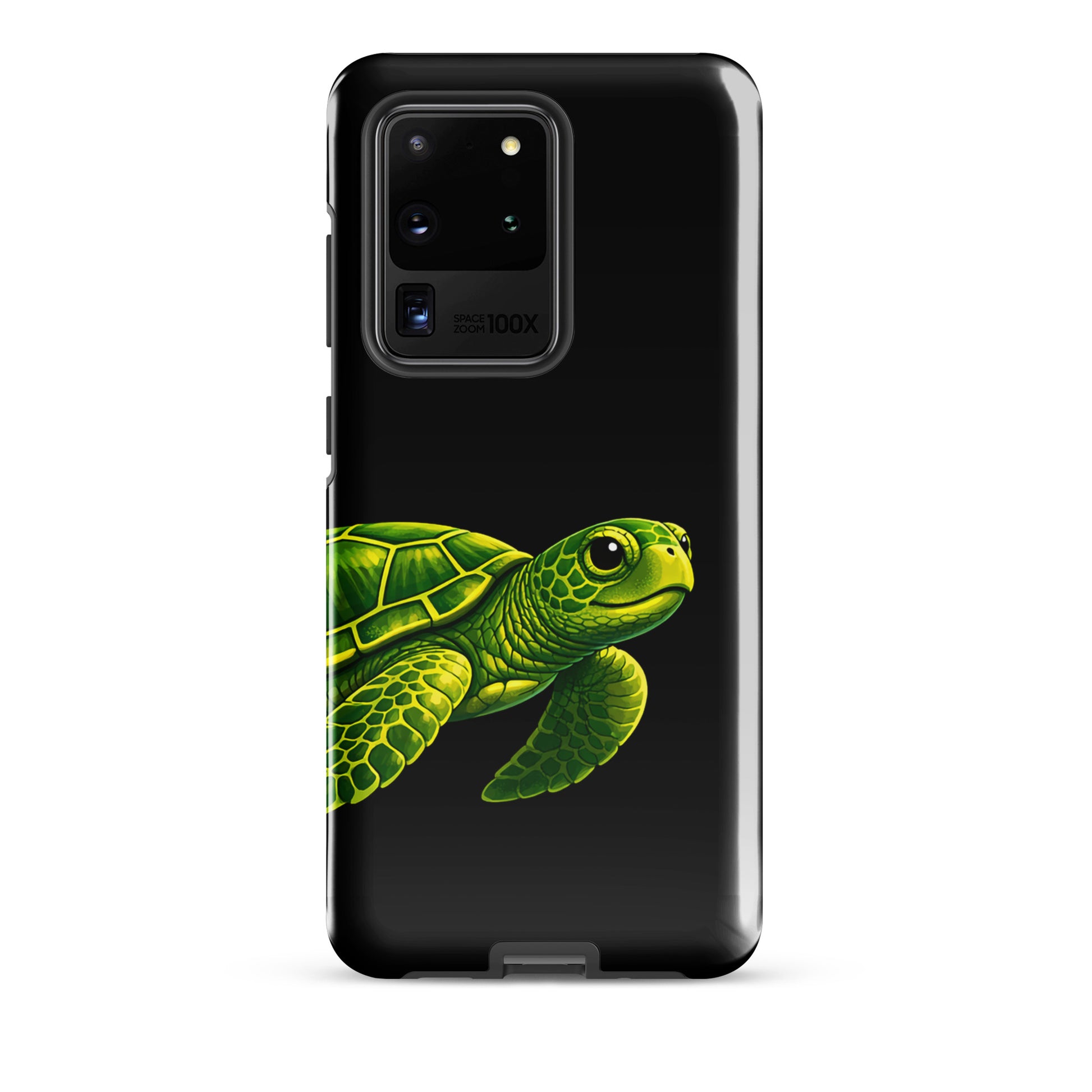 Phone case for Samsung Galaxy featuring a vibrant sea turtle design on a black background, highlighting elegance and durability.