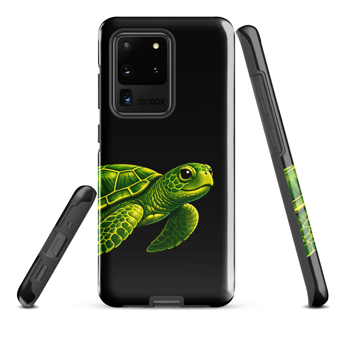 Phone case for Samsung Galaxy featuring vibrant sea turtle design on a black background, combining style, protection, and ocean-inspired elegance.