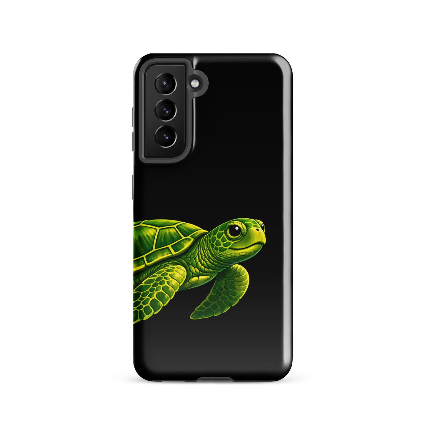 Phone case for Samsung Galaxy featuring a vibrant sea turtle design on a black background, combining style and protection.