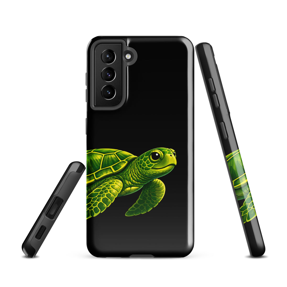 Phone case for Samsung Galaxy with sea turtle design on black background, combining style and protection.