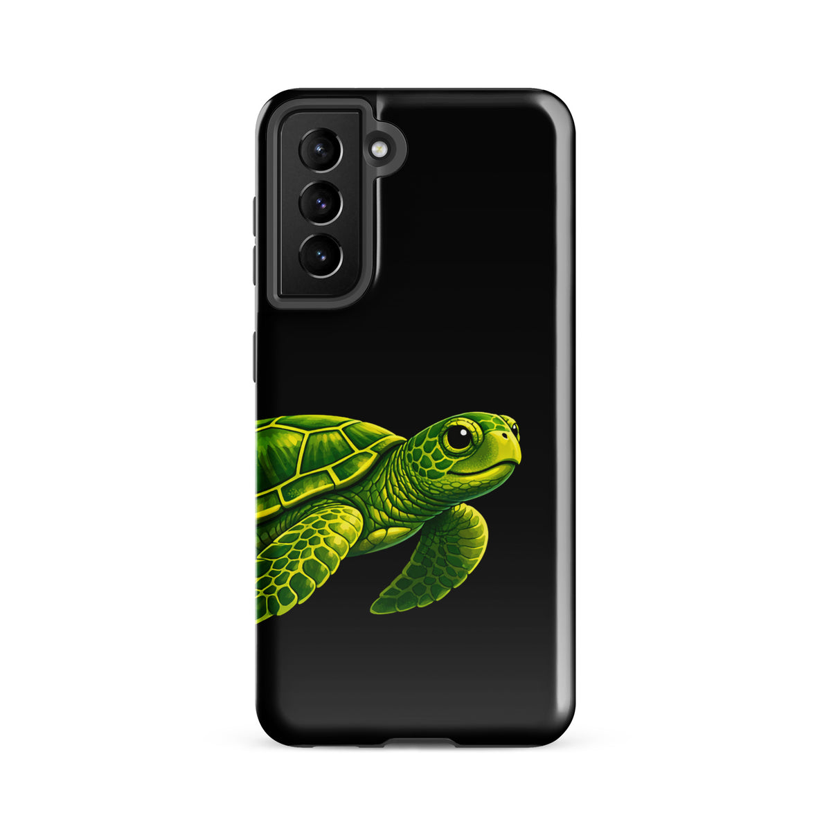 Phone case for Samsung Galaxy with vibrant sea turtle design on black background, combining style, protection, and ocean-inspired elegance.