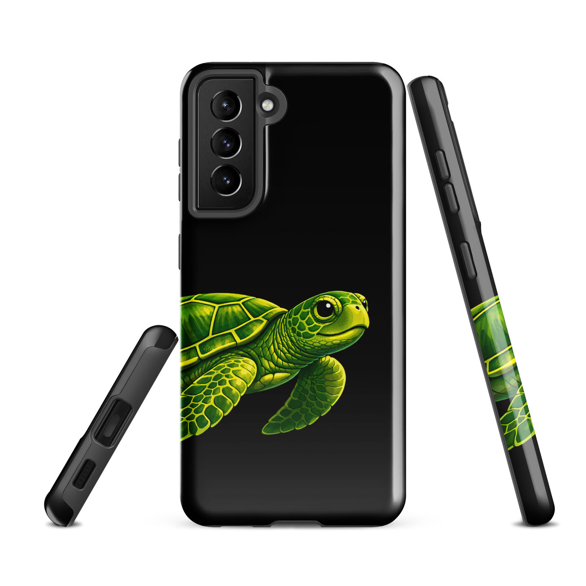 Phone case with vibrant sea turtle design for Samsung Galaxy, offering luxury, artistry, and durability on a sleek black background.