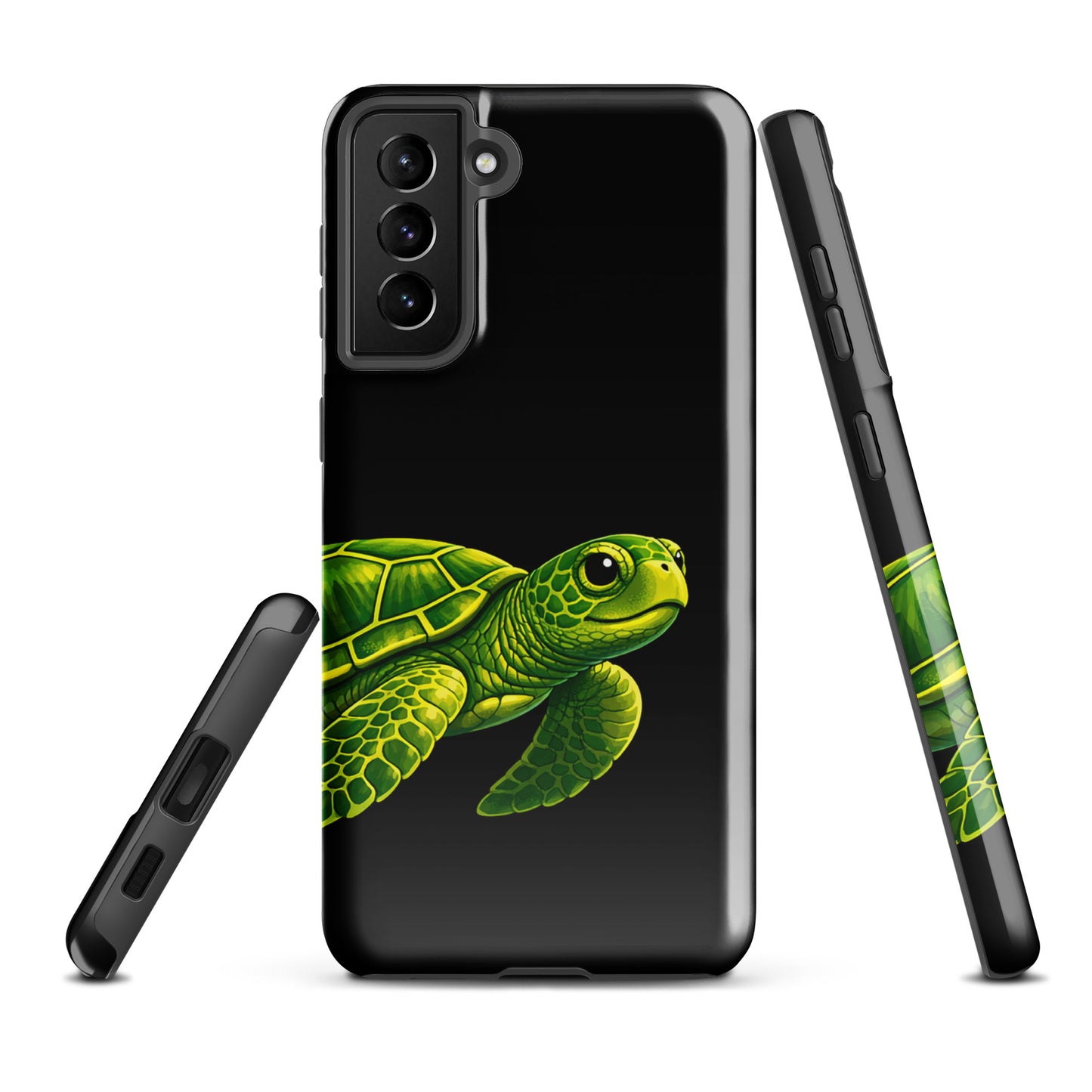 Phone case for Samsung Galaxy featuring a vibrant sea turtle design on a black background, offering style and protection.