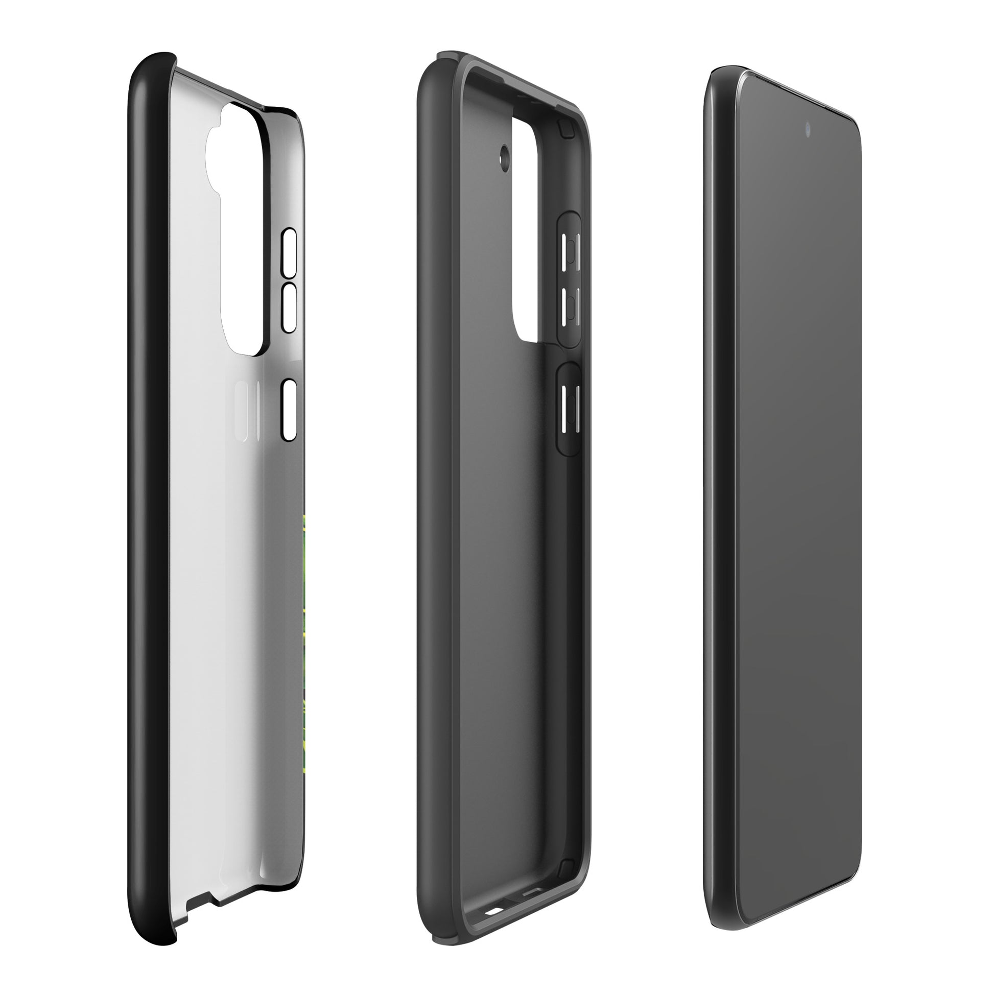 Side and front view of phone case for Samsung Galaxy with sea turtle design, showcasing sleek black edges and protective features.