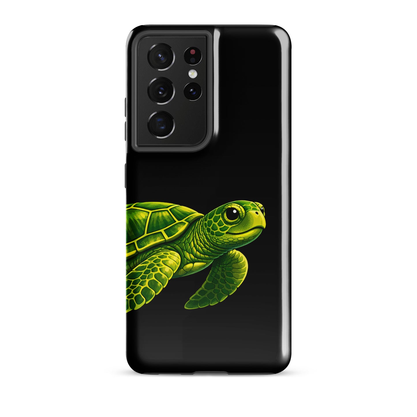 Phone case with sea turtle design for Samsung Galaxy, featuring vibrant green turtle on black background for style and protection.