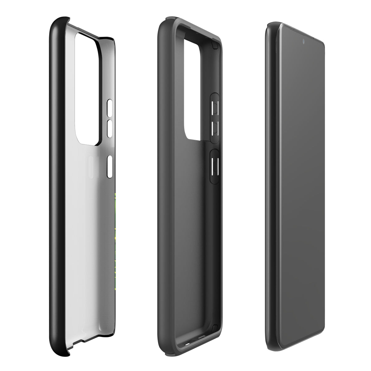 Samsung Galaxy phone case, sea turtle design, side view showcasing durable black frame and vibrant ocean-inspired artistry.