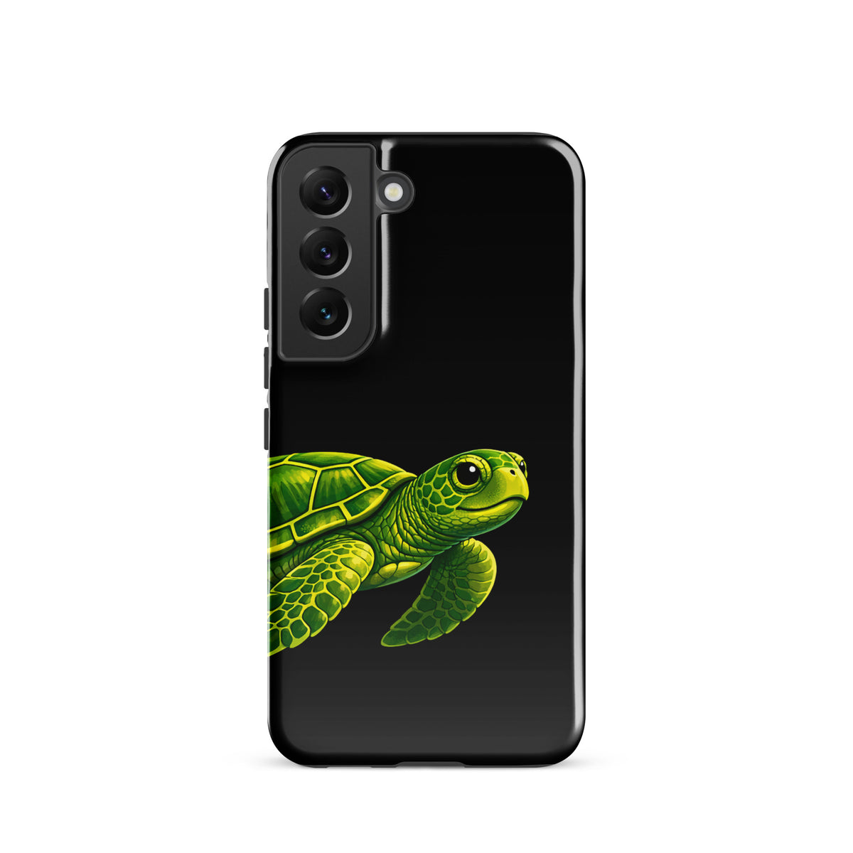 Phone case for Samsung Galaxy featuring vibrant sea turtle design on black background, showcasing artistry and ocean-inspired elegance.