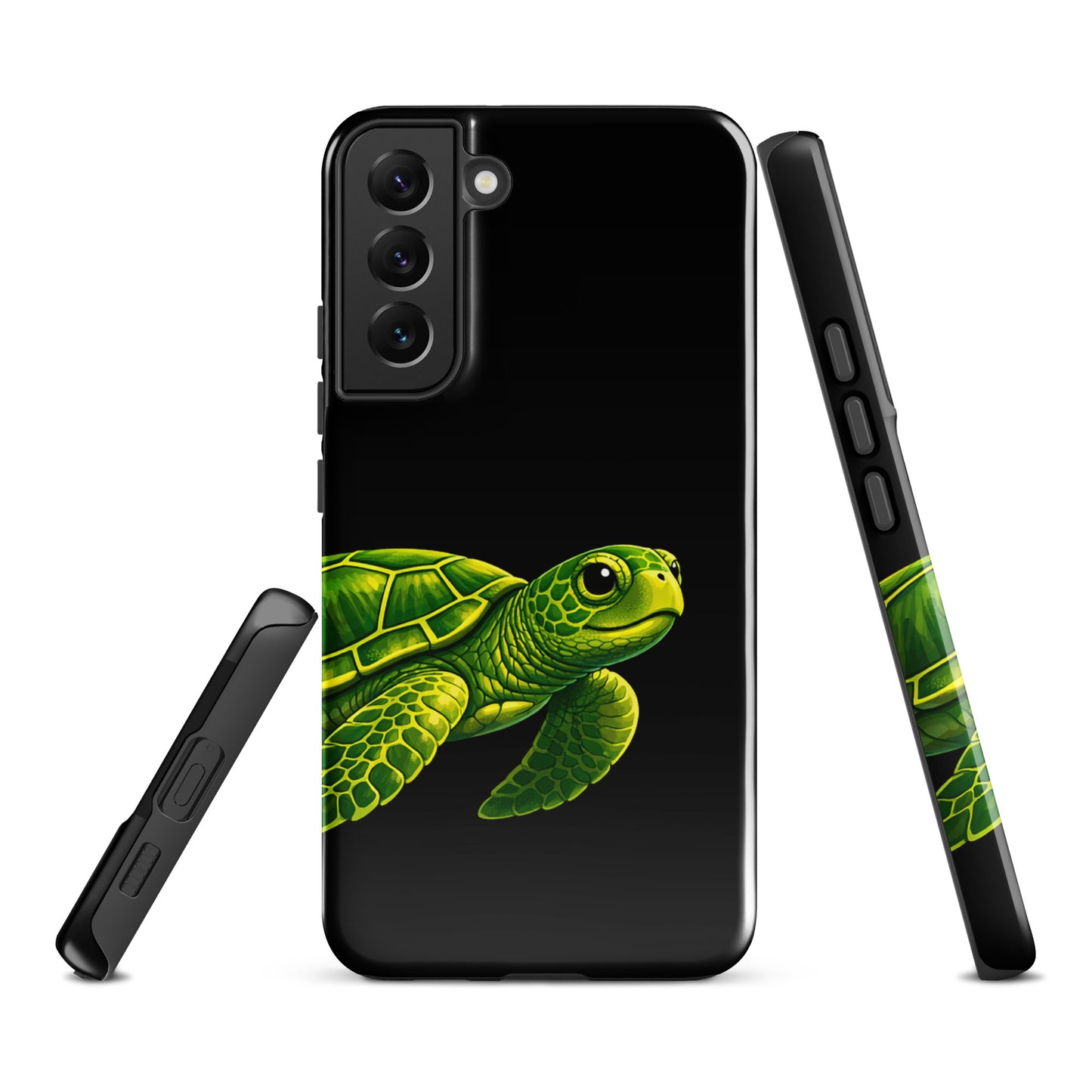 Phone case for Samsung Galaxy with sea turtle design on black background, combining style and protection with vibrant colors.