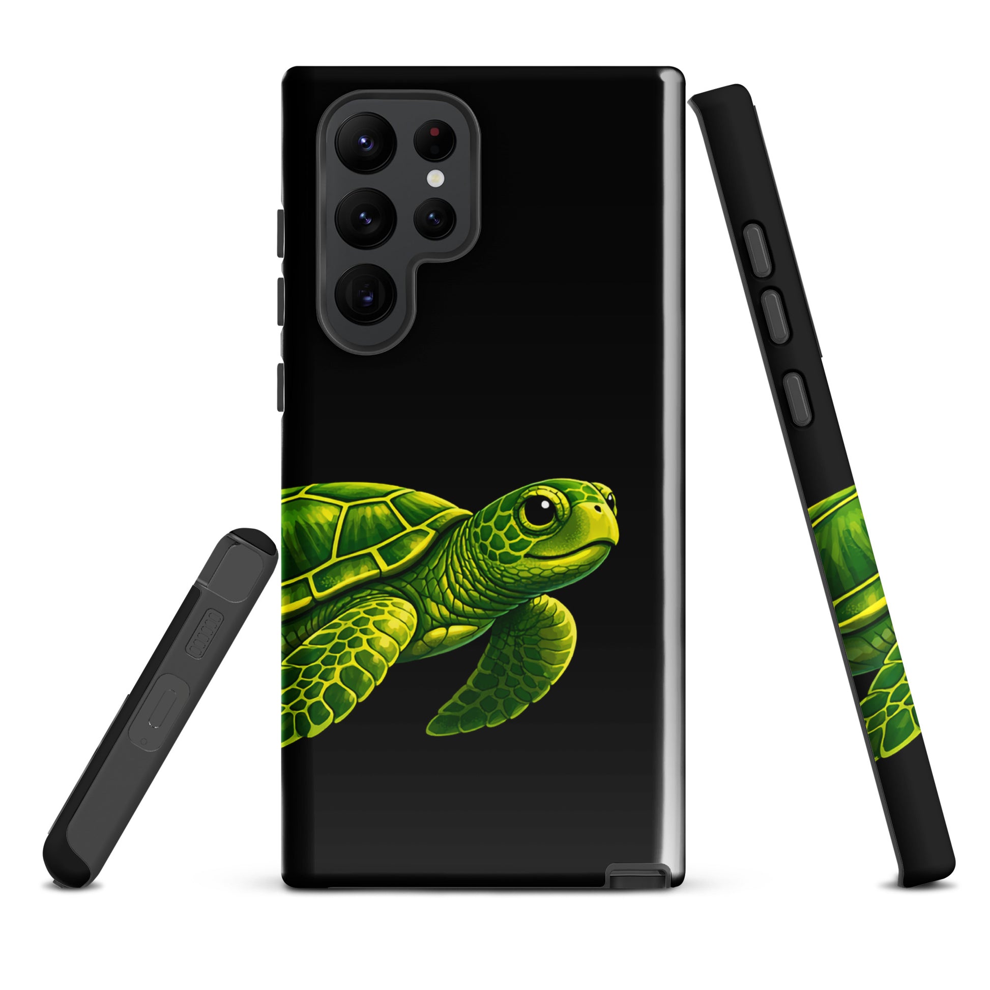 phone case with sea turtle design for Samsung Galaxy, featuring vibrant colors and ocean-inspired elegance against a black background.