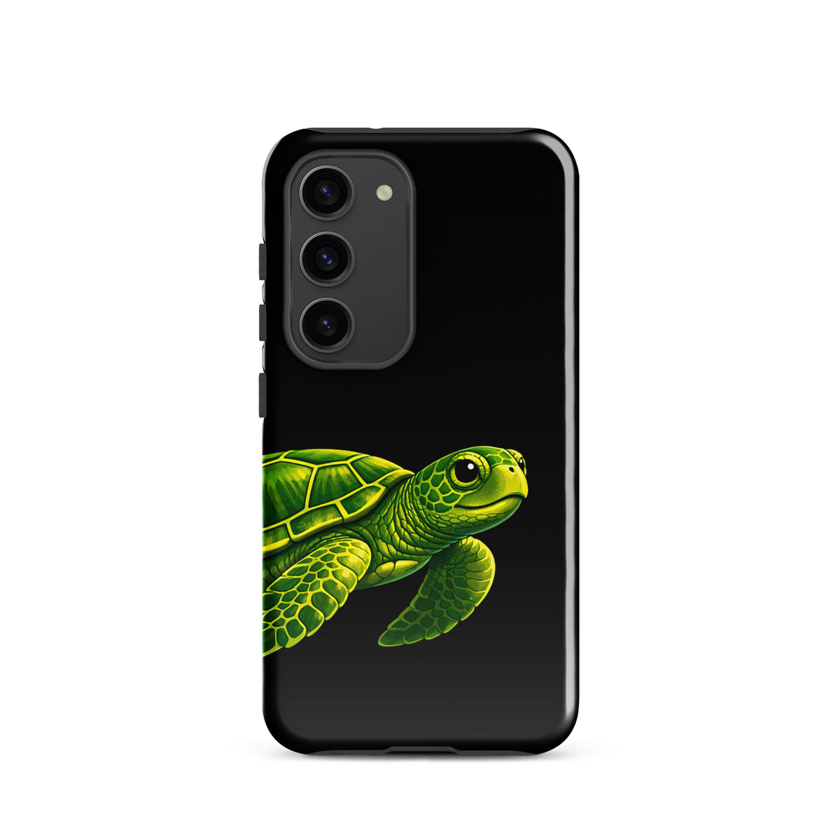 Phone case for Samsung Galaxy with vibrant sea turtle design on black background, showcasing luxury, artistry, and ocean-inspired elegance.